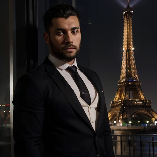 Homme'Cheves noires courts musclé et métisse avec une chemise blanche et une cravate noire près de la Tour Eiffel à Paris avec un cliché du'Appareil photo sur le visage