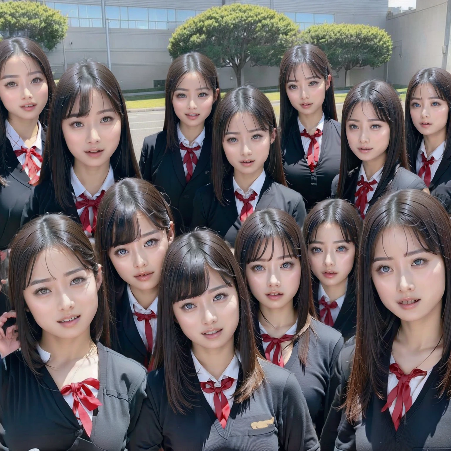 Raw photo、(((multiple girls))),((((6+girls)))),((((100girls)))),(((1000girls)))、((((100 Girls))))、((((Gigantic Breasts))))、Women only、The same face、matching school uniform、12 years old、Long black hair、100 cute girls going to school、a smile、Commuting to school、School route、In the street、(((Large group)))、a junior high school student、Everyday scenery