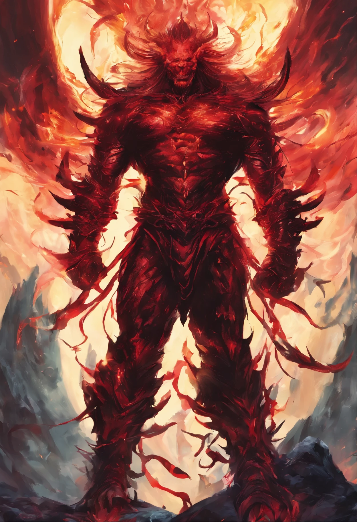 (Messenger from hell:1.4),hell,magma,The whole body wrapped in red flames,(Look up at the perspective:1.4),((Super huge, Thick and sharp giant claw-like scales))),(((The scales are covered with thick barbs)))((Super thick and scary scales)),covered all over the body,((bloodthirsty demon man)),(charging up:1.4),Ugly face,closeup cleavage,Lightning streaked across the sky,(((A thick sea of clouds rolls beneath my feet))),(blood all around),((Blood dripped from between the paws)),(solid:1.4),artworks,ultradetailed,4K分辨率,high high quality,电影灯光,High picture detail,Detailed pubic hair,epic shooting
