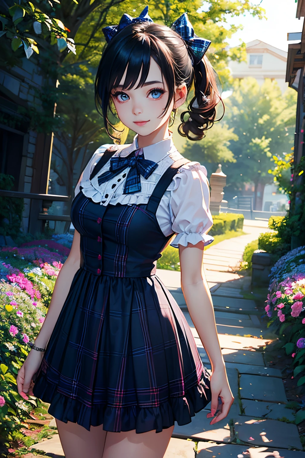 very cute and beautiful girl,(highly detailed beautiful face and eyes:1.2),
smile,black hair,dynamic pose,beautiful legs,(cowboy shot),
blue plaid pattern lolita dress with detailed frills,
flower garden,stone pathway,distant trees,
(best quality,masterpiece:1.2),intricate details,highres,1 girl,solo,cinematic lighting,
