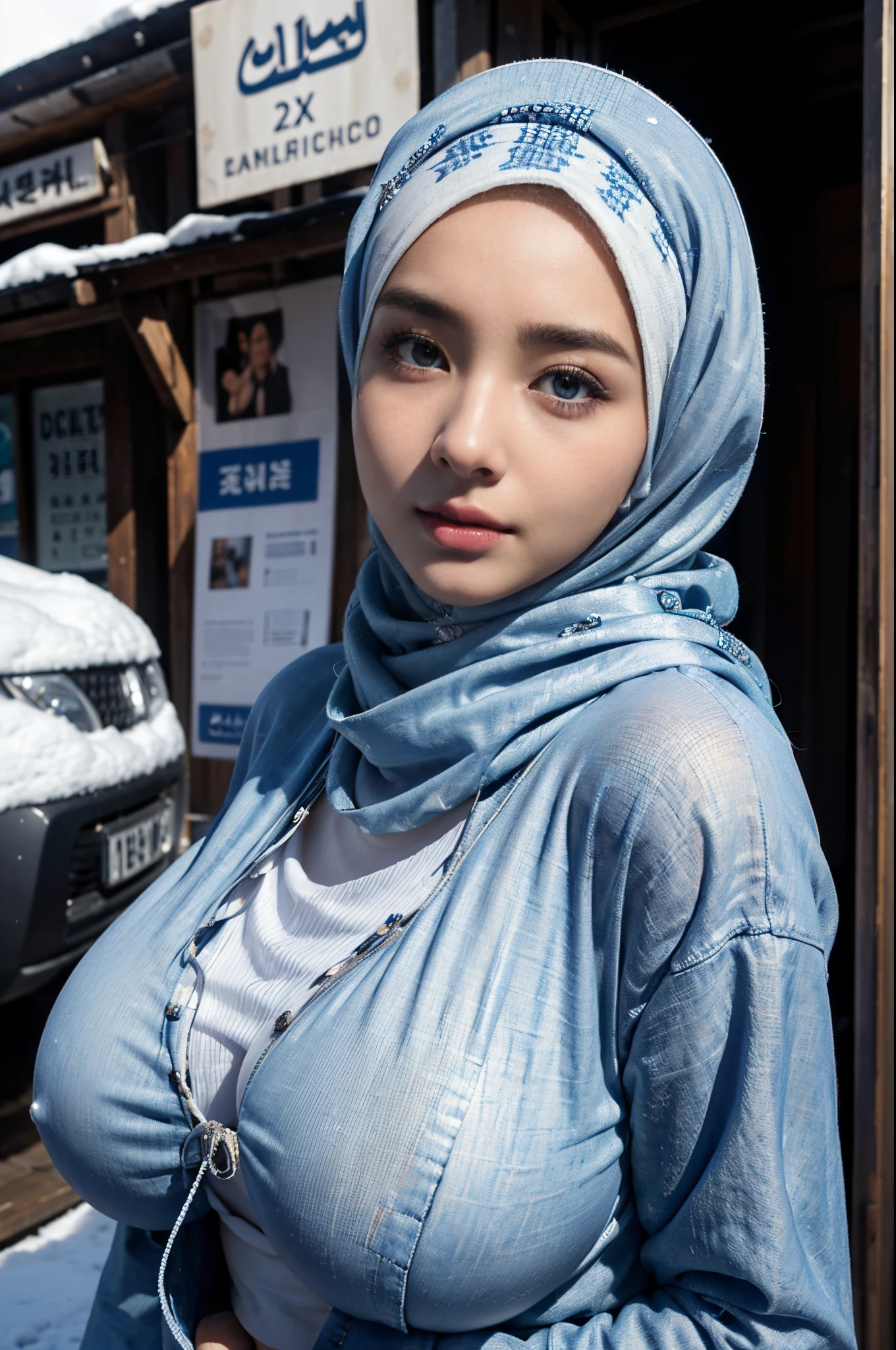 1girl, 21 years old, beautiful girl, (white shirt, pattern), collarbone, beautiful blue eyes, ((wearing hijab:1.4)), natural make up, building, winter trench coat, day, ripped denim jeans, fur-trimmed_coat, fur-trimmed_jacket, fur_collar, fur_trim, jeans, jewelry, big bust, (Gigantic Breasts:1.2, heavy hanging breasts, perfect round shape breast), realistic face ,(better lips, detailed nose ,detailed eyes ,cute face), looking_at_viewer, full body potrait, navel, necklace, half naked , most gigantic boobs, outdoors, sky, snow, snowing, solo, window, winter, ((ultra detailed ,masterpiece ,hyper detailed, highest quality resolution, best quality, photorealitic ,cinematic light, bokeh)), beautiful korean girl, detailed_eye, face, detailed eyes