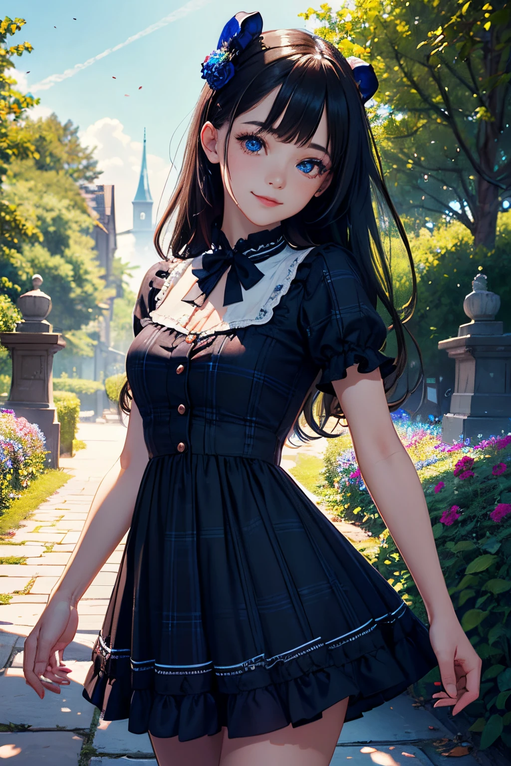 very cute and beautiful girl,(highly detailed beautiful face and eyes:1.2),
smile,black hair,dynamic pose,beautiful legs,(cowboy shot),
blue plaid pattern lolita dress with detailed frills,
flower garden,stone pathway,distant trees,
(best quality,masterpiece:1.2),intricate details,highres,1 girl,solo,cinematic lighting,