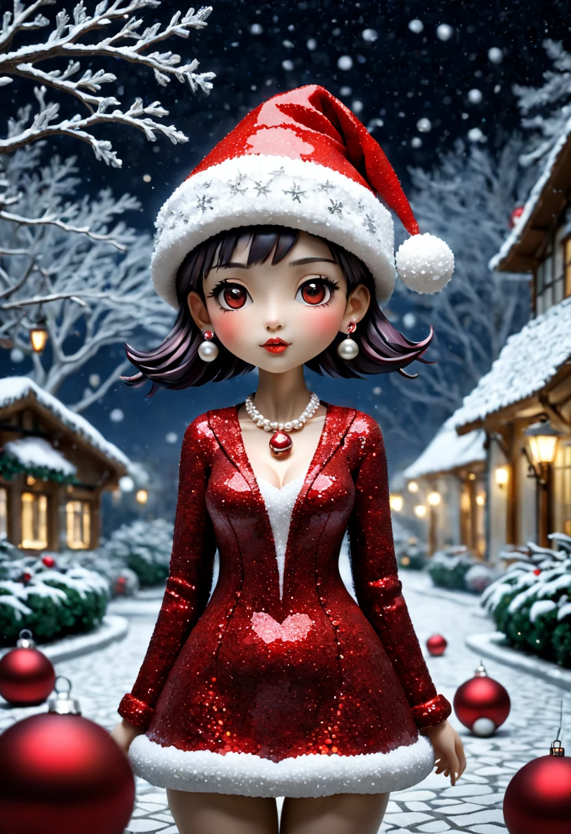 external garden, Mosaic Christmas Girl Sculpture, flagstone road, the night, hyper realisitc, red christmas hat，mirai, pearls necklace，Ring earrings，hyper realisitc, winter landscape，[Gentle snowfall]，artistic décor, concept-art, Three-dimensional future, lightand shade contrast, Ray traching, mosaic art, Best quality at best, A high resolution, Award-Awarded, tmasterpiece, 4K