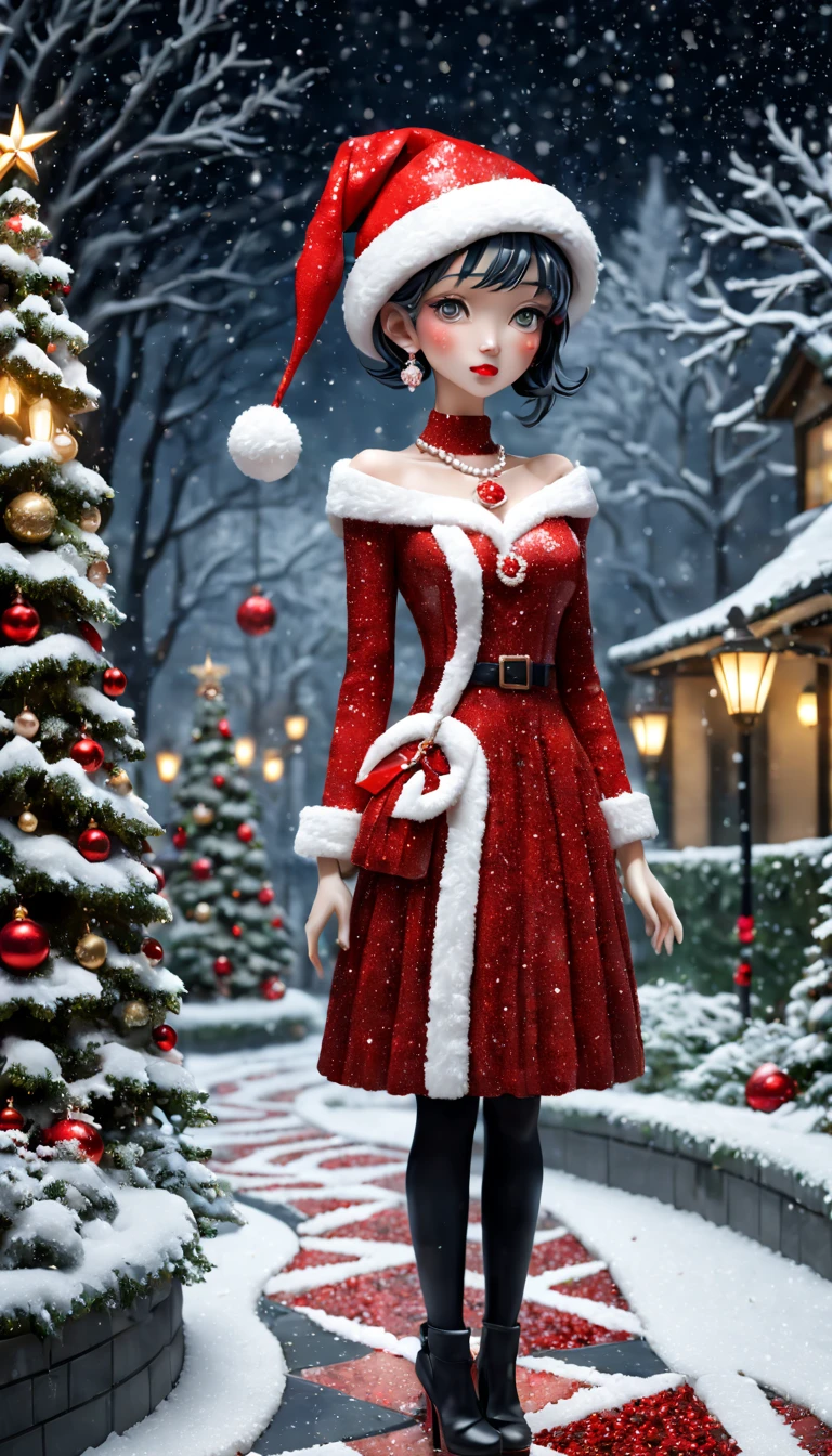 external garden, Mosaic Christmas Girl Sculpture, flagstone road, the night, hyper realisitc, red christmas hat，mirai, pearls necklace，Ring earrings，hyper realisitc, winter landscape，[Gentle snowfall]，artistic décor, concept-art, Three-dimensional future, lightand shade contrast, Ray traching, mosaic art, Best quality at best, A high resolution, Award-Awarded, tmasterpiece, 4K