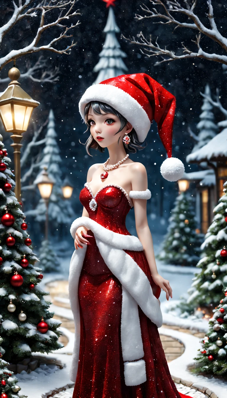external garden, Mosaic Christmas Girl Sculpture, flagstone road, the night, hyper realisitc, red christmas hat，mirai, pearls necklace，Ring earrings，hyper realisitc, winter landscape，[Gentle snowfall]，artistic décor, concept-art, Three-dimensional future, lightand shade contrast, Ray traching, mosaic art, Best quality at best, A high resolution, Award-Awarded, tmasterpiece, 4K
