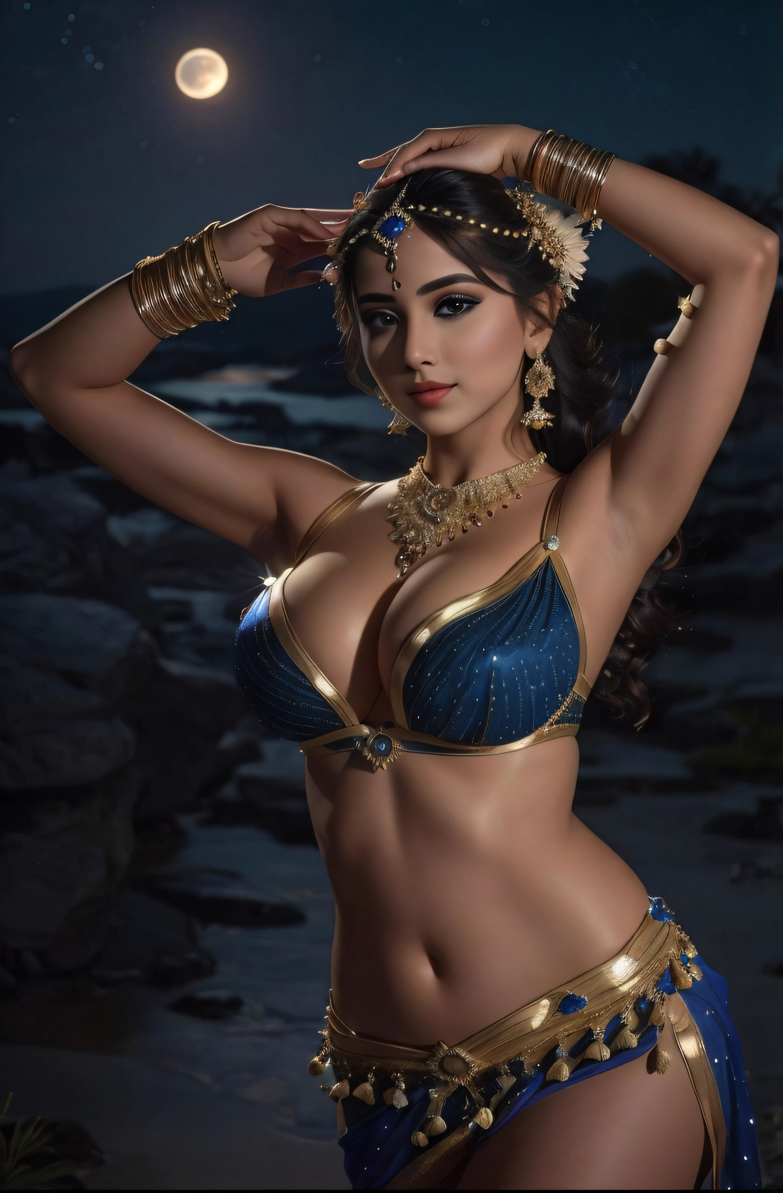 araffes in a blue bikini with gold jewelry and a moon, indian goddess, arabian princess, arabian beauty, indian, beautiful genie girl, with beautiful exotic, she is dressed as a belly dancer, beautiful goddess, indian super model, traditional beauty, gorgeous woman, persian princess, sexy pose, sexy girl, aesthetic!!!!!! female genie, arab princess, costume with blue accents