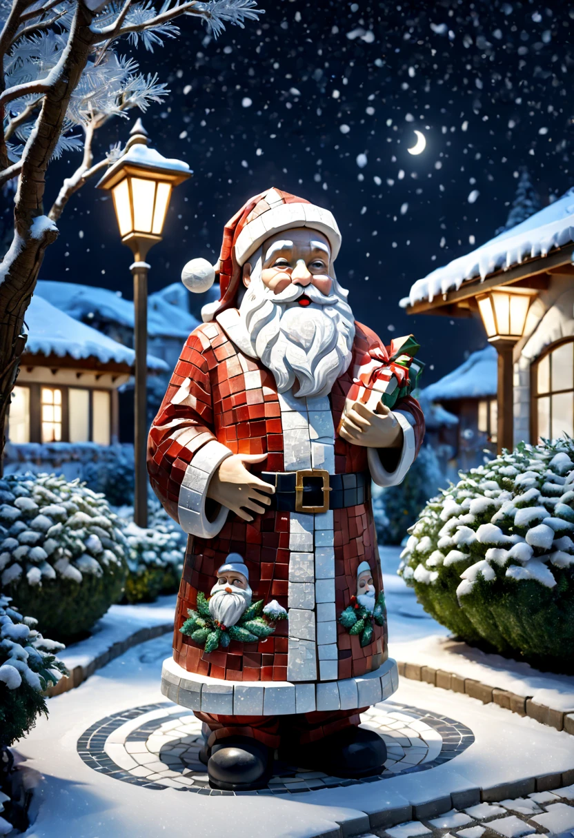 external garden, Mosaic Santa Sculpture, flagstone road, the night, hyper realisitc, mirai, hyper realisitc, winter landscape，[Gentle snowfall]，artistic décor, concept-art, Three-dimensional future, lightand shade contrast, Ray trachinosaic art), Best quality at best, A high resolution, Award-Awarded, tmasterpiece, 4K