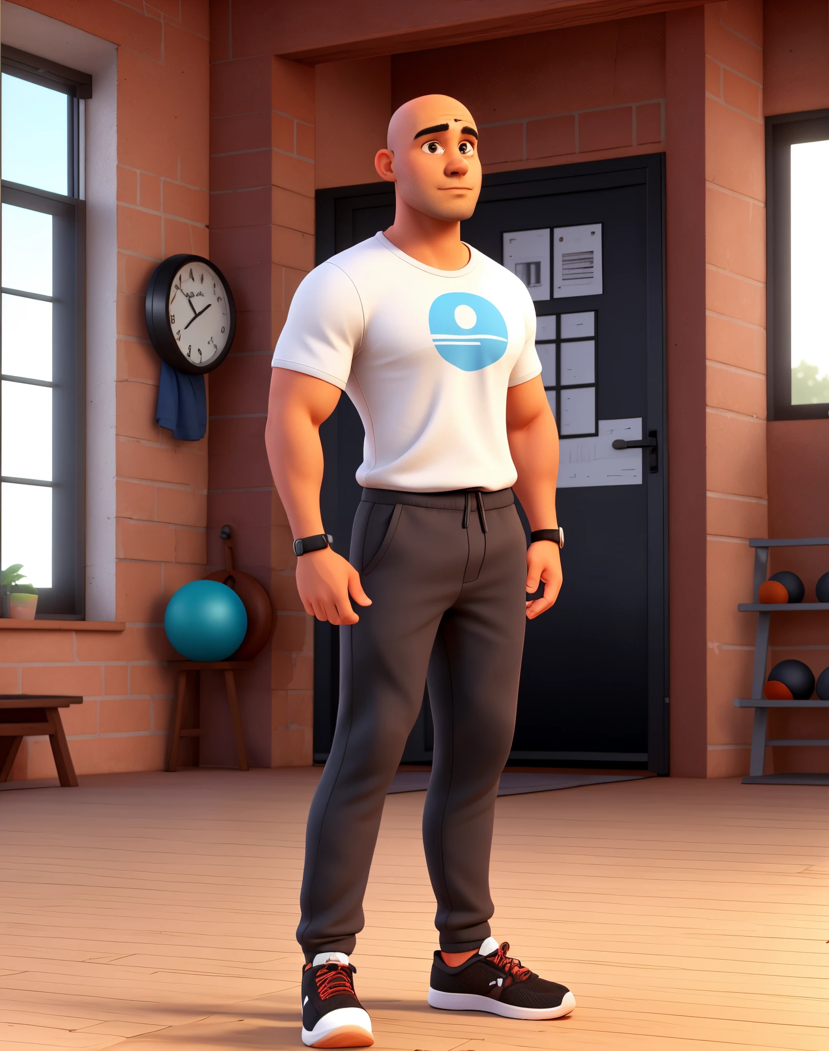 A South American man standing, bald man, perfect face without defects, best quality, high resolution of the face, high quality, small mouth, small ears, no flaws, no beard on the face, beautiful soft skin, gym clothes,, thick thighs, red sneakers, black t-shirt, muscular white sweatpants, in gym clothes, athletic body, coming soon, dark brown eyes."8k