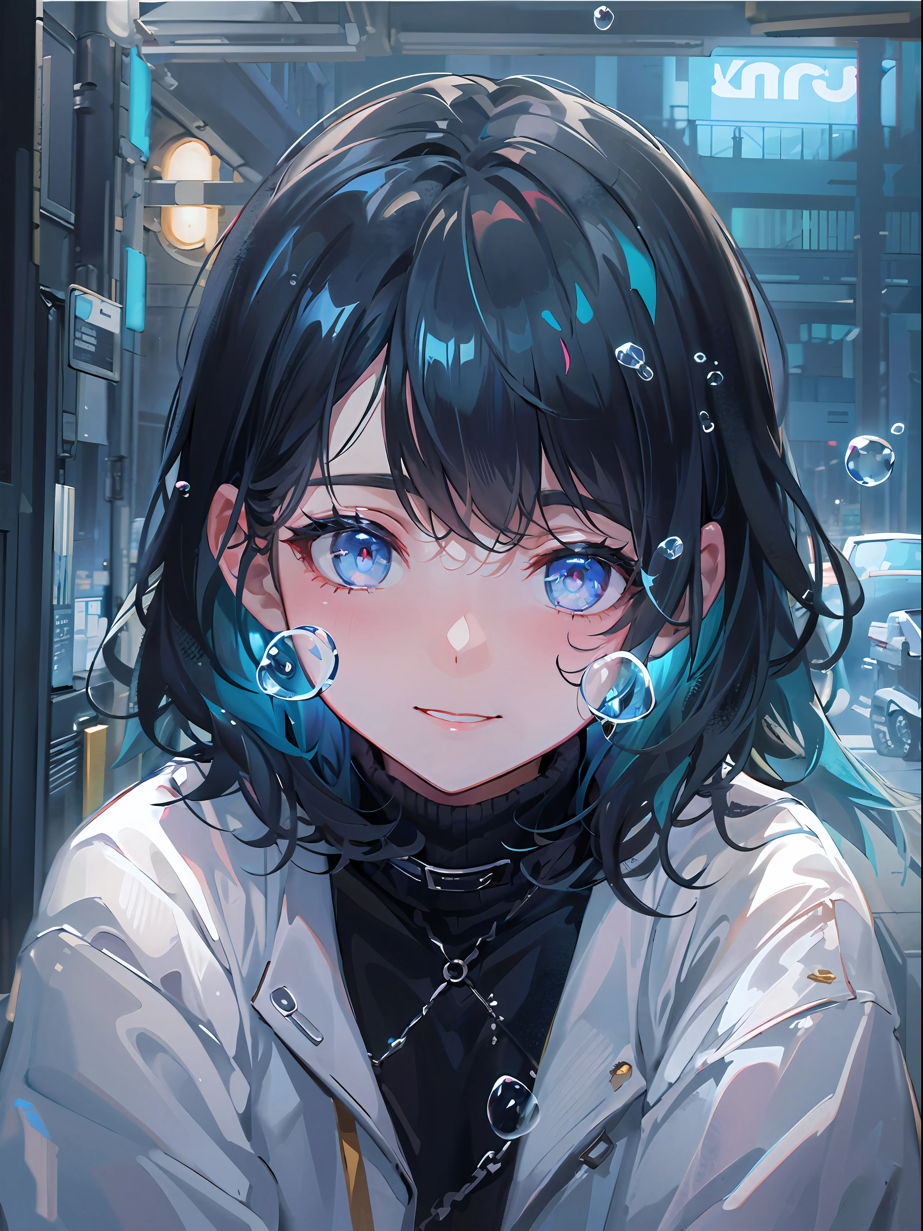 ((top-quality)), ((masterpiece)), ((ultra-detailliert)), (extremely delicate and beautiful), girl with, 独奏, cold attitude,((Black jacket)),She is very(relax)with the(Settled down)Looks,A dark-haired, depth of fields,evil smile,Bubble, under the water, Air bubble,bright light blue eyes,Inner color with black hair and light blue tips,Cold background,Bob Hair - Linear Art, shortpants、knee high socks、Camisole inner shirt、White uniform