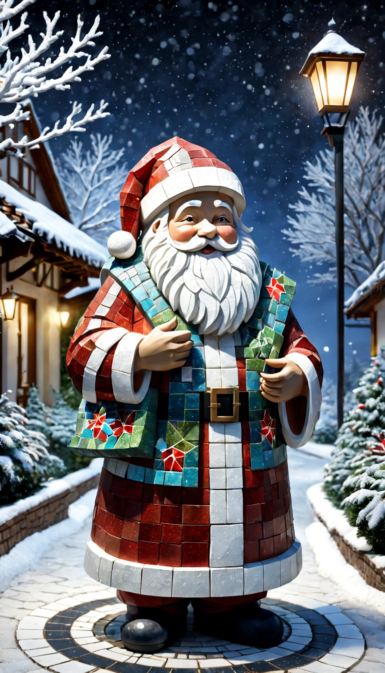 external garden, Mosaic Santa Sculpture, flagstone road, the night, hyper realisitc, mirai, hyper realisitc, winter landscape，[Gentle snowfall]，artistic décor, concept-art, Three-dimensional future, lightand shade contrast, Ray trachinosaic art), Best quality at best, A high resolution, Award-Awarded, tmasterpiece, 4K