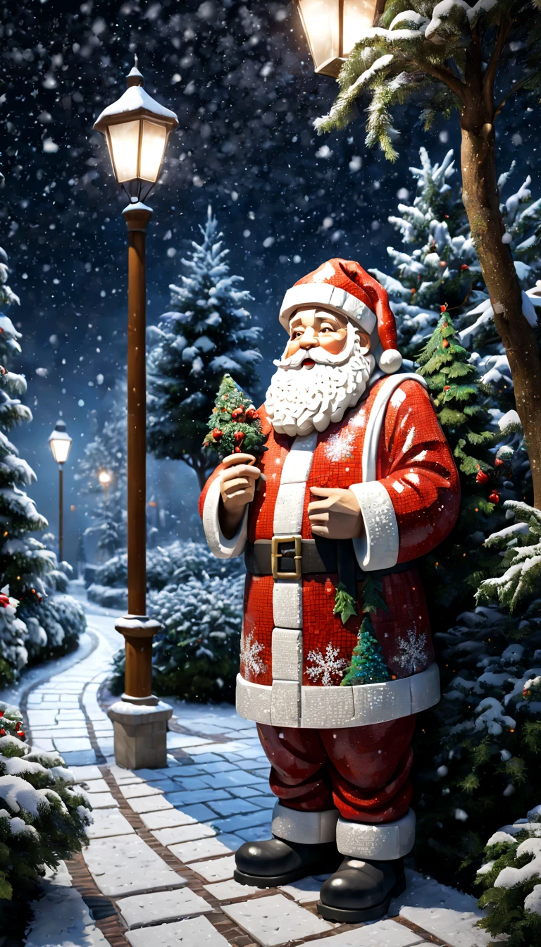 external garden, Mosaic Santa Sculpture, flagstone road, the night, hyper realisitc, mirai, hyper realisitc, winter landscape，[Gentle snowfall]，artistic décor, concept-art, Three-dimensional future, lightand shade contrast, Ray trachinosaic art), Best quality at best, A high resolution, Award-Awarded, tmasterpiece, 4K