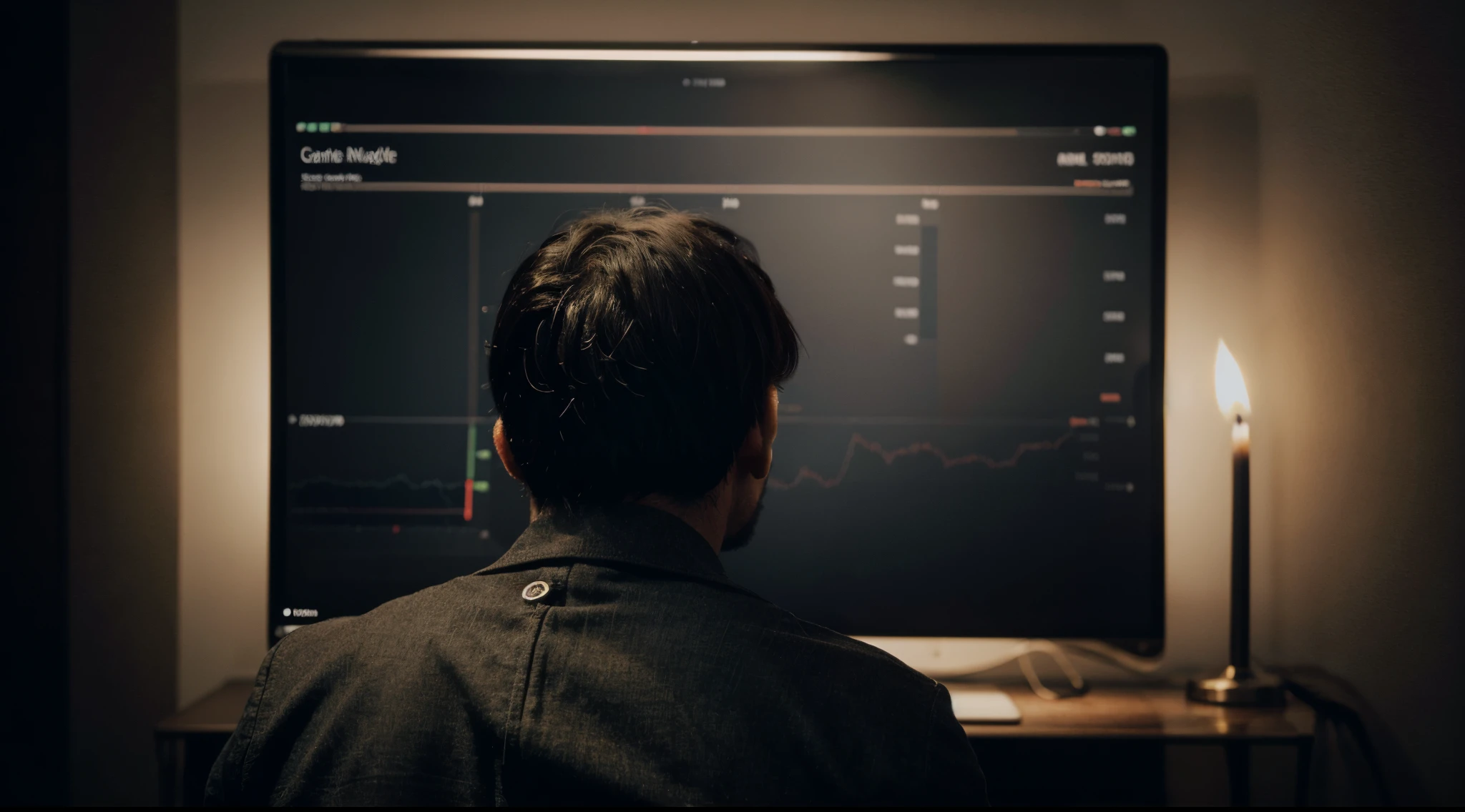 Dark mode style, man looks at an investment candle chart