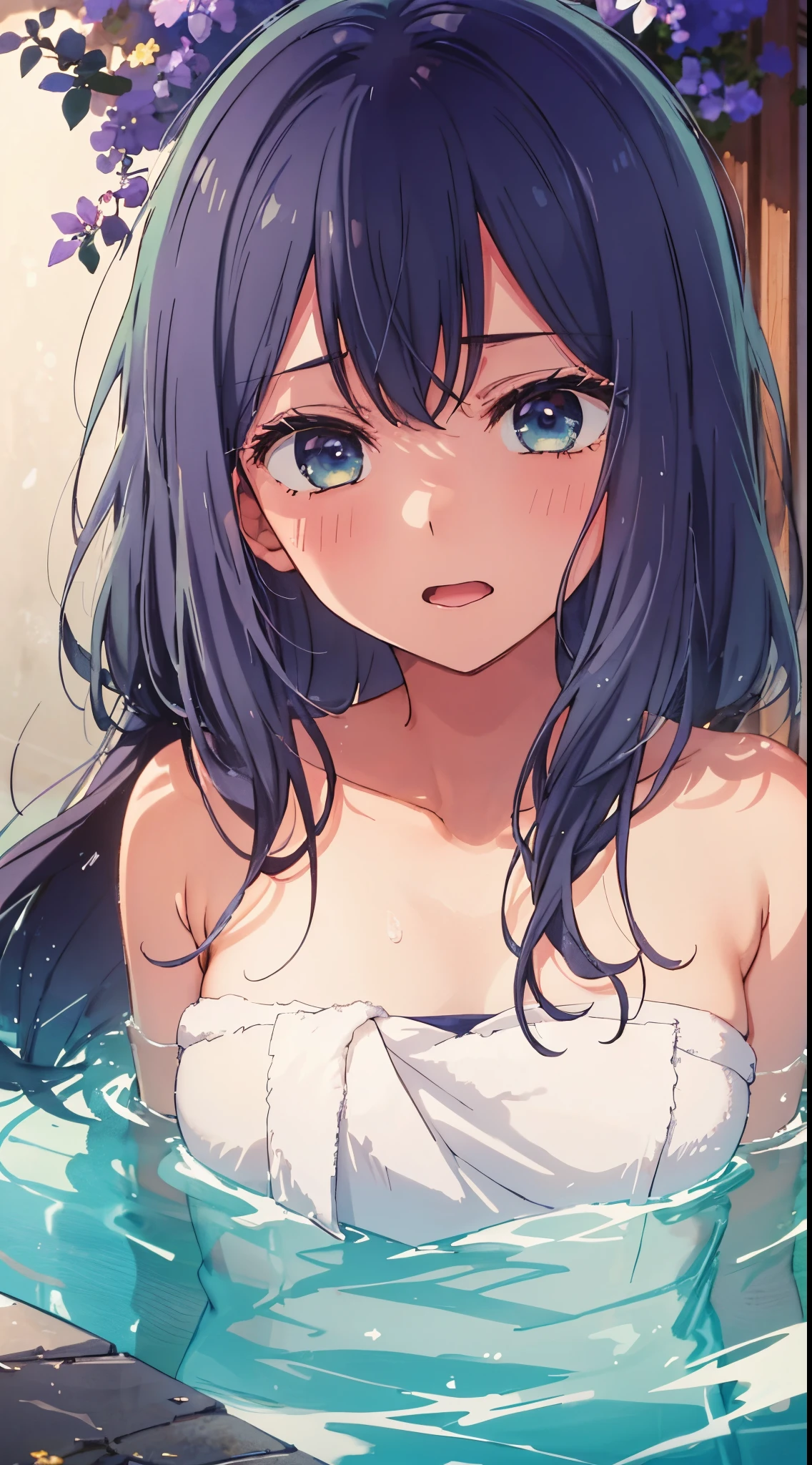 beautiful  lighting, 1girl in, 独奏, Akane,  ((anime styled))、((2D))、be shy、(hot onsen)、(((a towel)))、a closeup、(((embarassed face)))、Facing the camera、Open your mouth