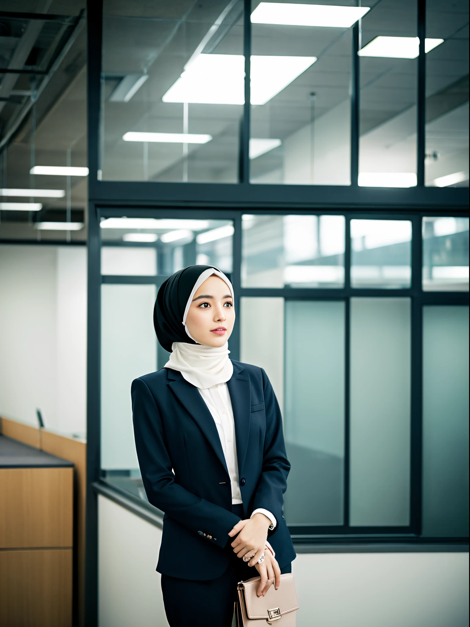 25 years old, hijab, suit, office
