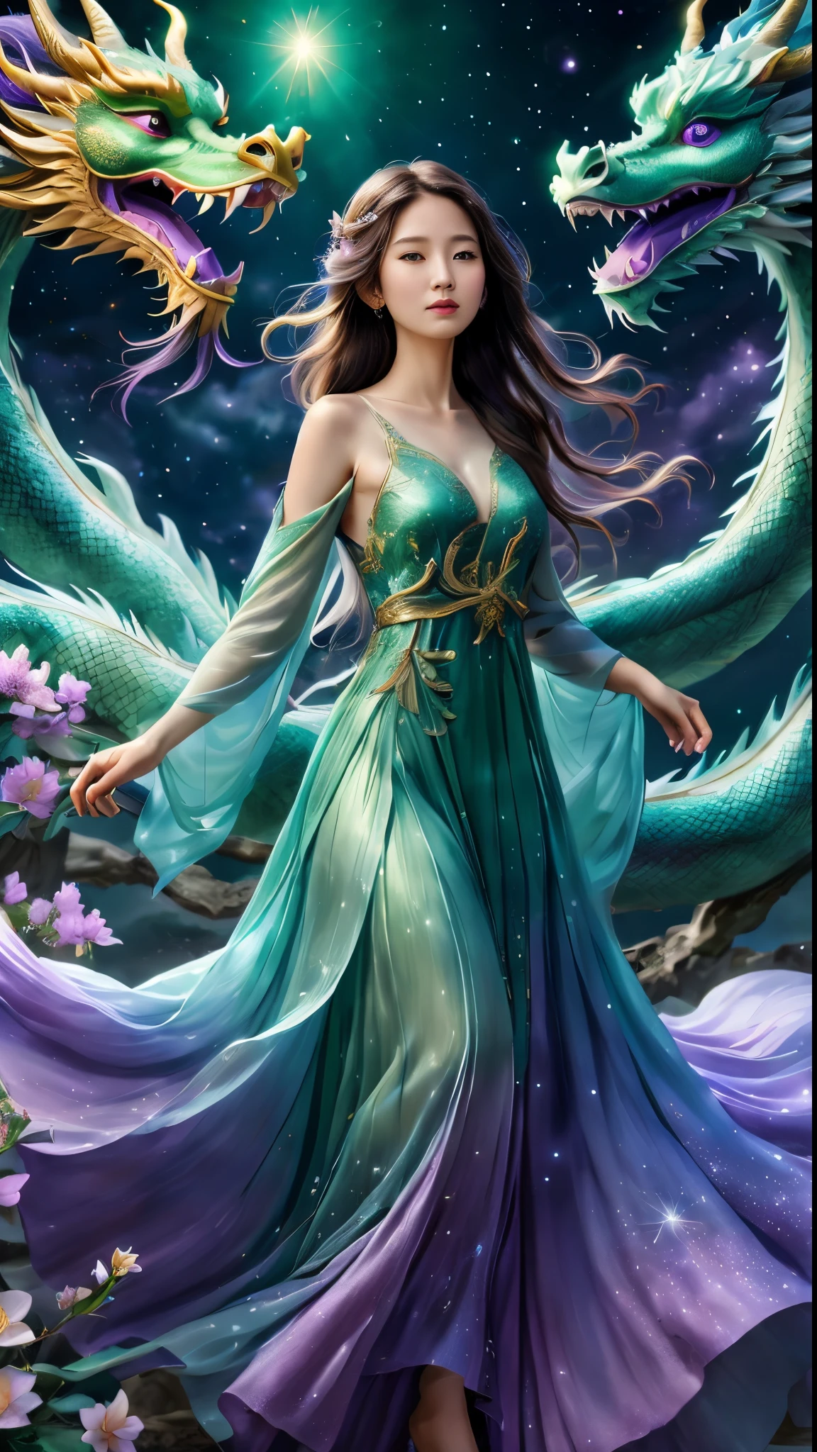 woman wearing dragon dress, beautiful fantasy art, Heavenly Goddess, very beautiful fantasy art, beautiful fantasy maiden, cyan chinese dragon fantasy, Beautiful celestial mage, galaxy goddess, amazing fantasy art, Fantasy woman, beautiful detailed fantasy, The legend of cryptic creatures, beautiful fantasy empress, fantasy art style, Earth goddess mythology