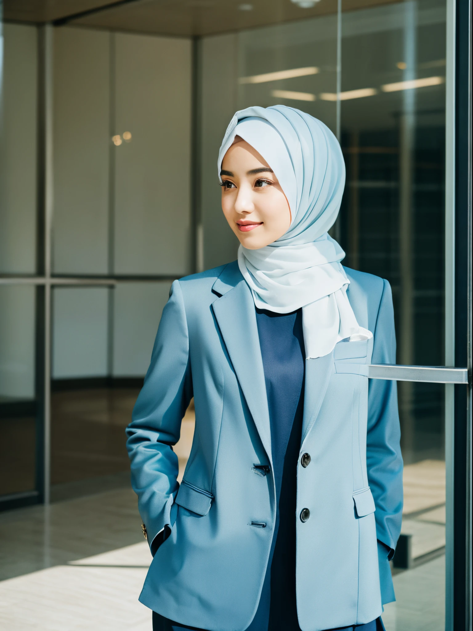 25 years old, hijab, suit, office