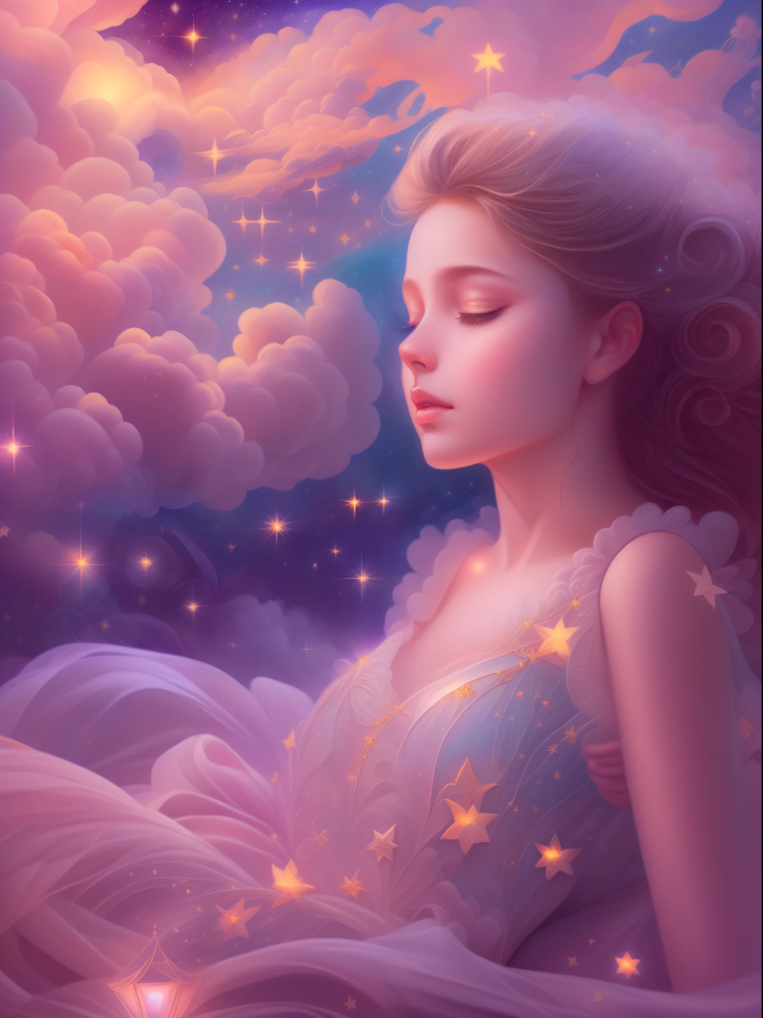 (Best quality,4K,8K,A high resolution,tmasterpiece:1.2),ultra - detailed,(actual,realistically,realisticlying:1.37),Dreamy sky,Sleeping Beauty,Fluffy clouds,As estrelas,light colors hair,Bushy hair,strands,illuminations,fairy tale painting,Amazing artwork,Luminous illumination,Enchanting art,amazing art,inspiring art,magnificent work of art,beautiful light up