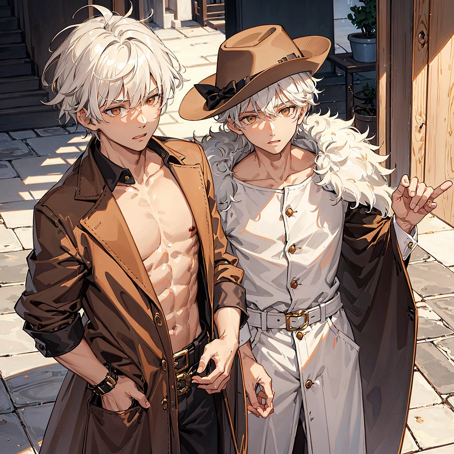 1 boy,white hair,brown cowboy hat,light brown skin,golden eyes,topless,wearing a brown coat ontop