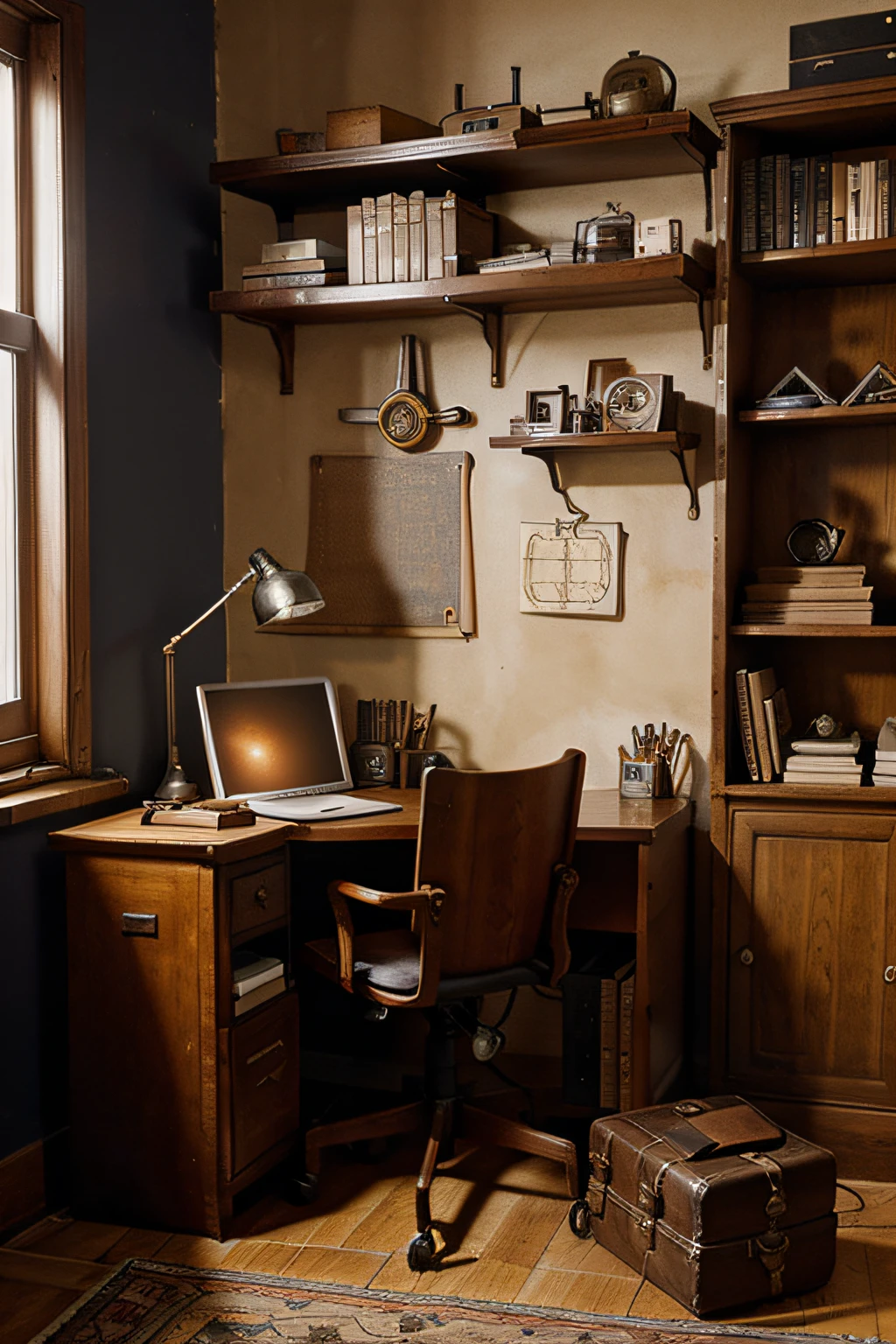 room that combines styles from different eras and tools, book open on desk, mathematical formulas, violin, laptop on desk