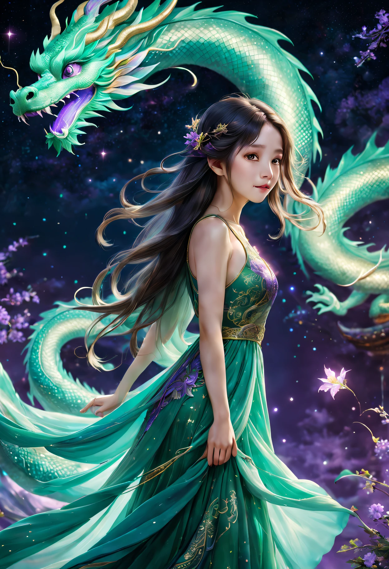 A girl with long hair，Behind her there  a Chinese dragon flying in the air，green and blue lights，Slightly purple，artistation render，A flowing dress，Charming flowers background with sparkling stars，The girl  surrounded by a faint light，Ethereal atmosphere，calm and magical，（8K、RAW photogr、quality、tmasterpiece：1.2）、（actual、Light reality：1.37）