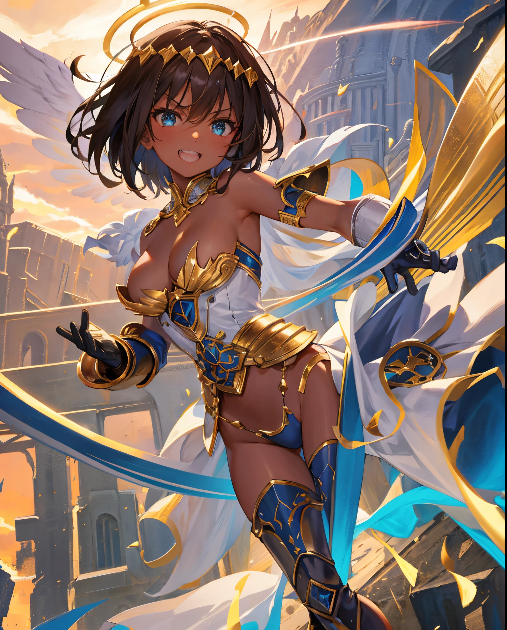 fantasy, 1angel_girl,child, ,brown_hair, medium_bob_hair, long_bangs, halo,bare_shoulder,thighhighs,silver_armor, waist_armor, large_breasts,angry,grinning,open_mouth_teeth, 1pair_wings, dynamic_pose_fighting,floating, bare_crotch, headgear,gauntlet, greaves,city_sky_background,slightly_spread_legs, solo, groin_naked,dark_skin,