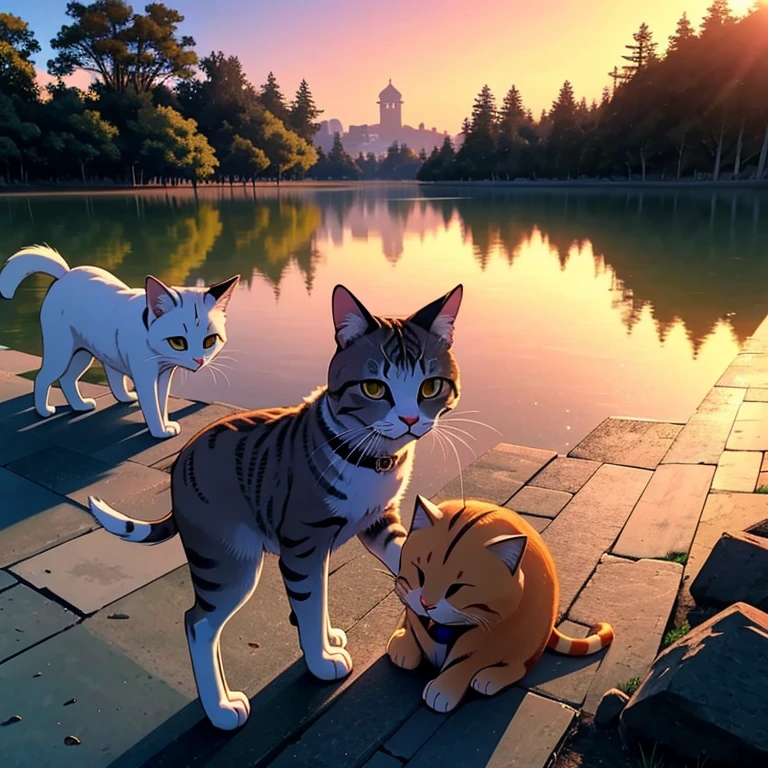 Uma casol de gatinhos no alto de uma colina vendo o por do sol