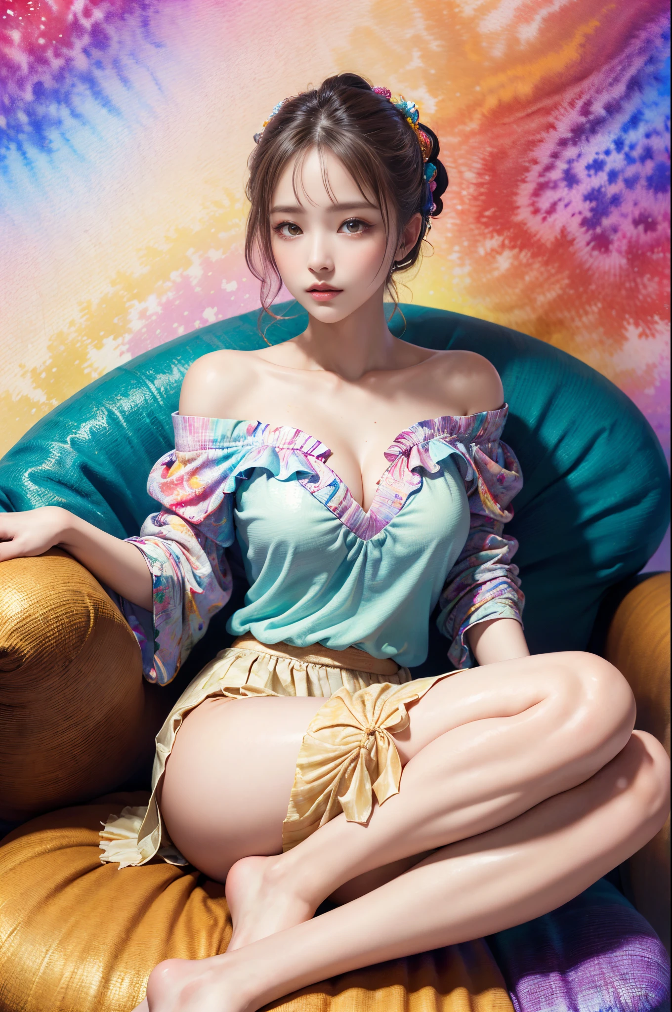 ((The highest image quality, 8K, tmasterpiece:1.3)), 1girll, casual hairstyle, （off shoulder blouse，Short pleated skirt：1.3）,（See-through clothing：1.4），Ultra-fine face, A detailed eye, 二重まぶた，（Athletic Sneakers：1.3），Sit sideways on the couch， (big breasts)，Woman in her 30s，(Colorful watercolor background)，(Fractal Patterns)，(colorful refraction),((spread legswide))