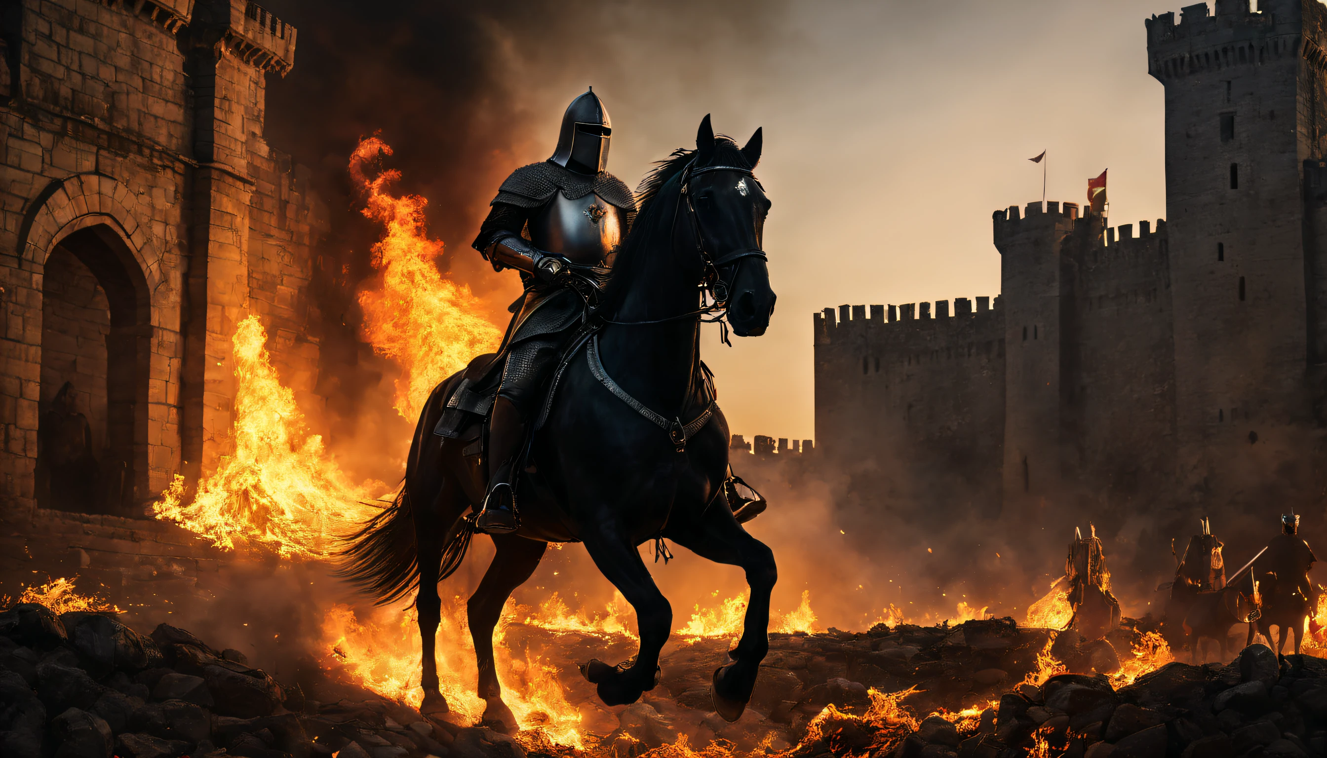 The Templar Knight emerges from the flames riding his black horse in battle stance., armado con espada y escudo, in front of an imposing castle well walled and defended by the Templar companions,noche estrellada, iluminada por las llamas de la batalla, 8k, hiperrealista, detallado, overview, vista lateral y desde arriba