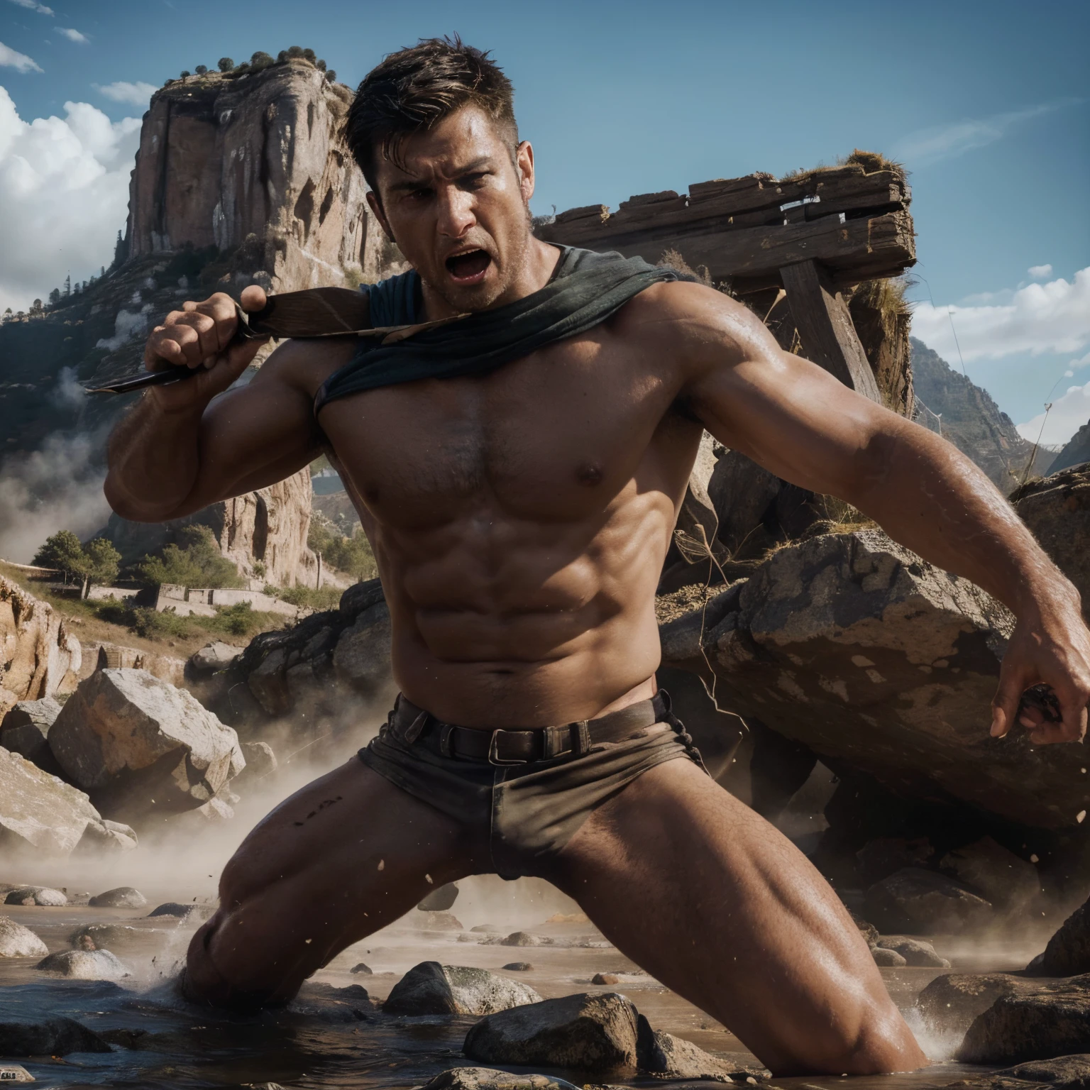 (best quality,highres,realistic:1.37),David defeating Goliath with a slingshot,ink-style background,"IT'S TODAY THAT THE GIANT FALLS" text with effects,portraits,canvas,stone figure,dramatic lighting,vivid colors,landscape,ultra-detailed,dynamic action,high-contrast,expression,underdog victory,focused determination,traditional illustration,historical battle