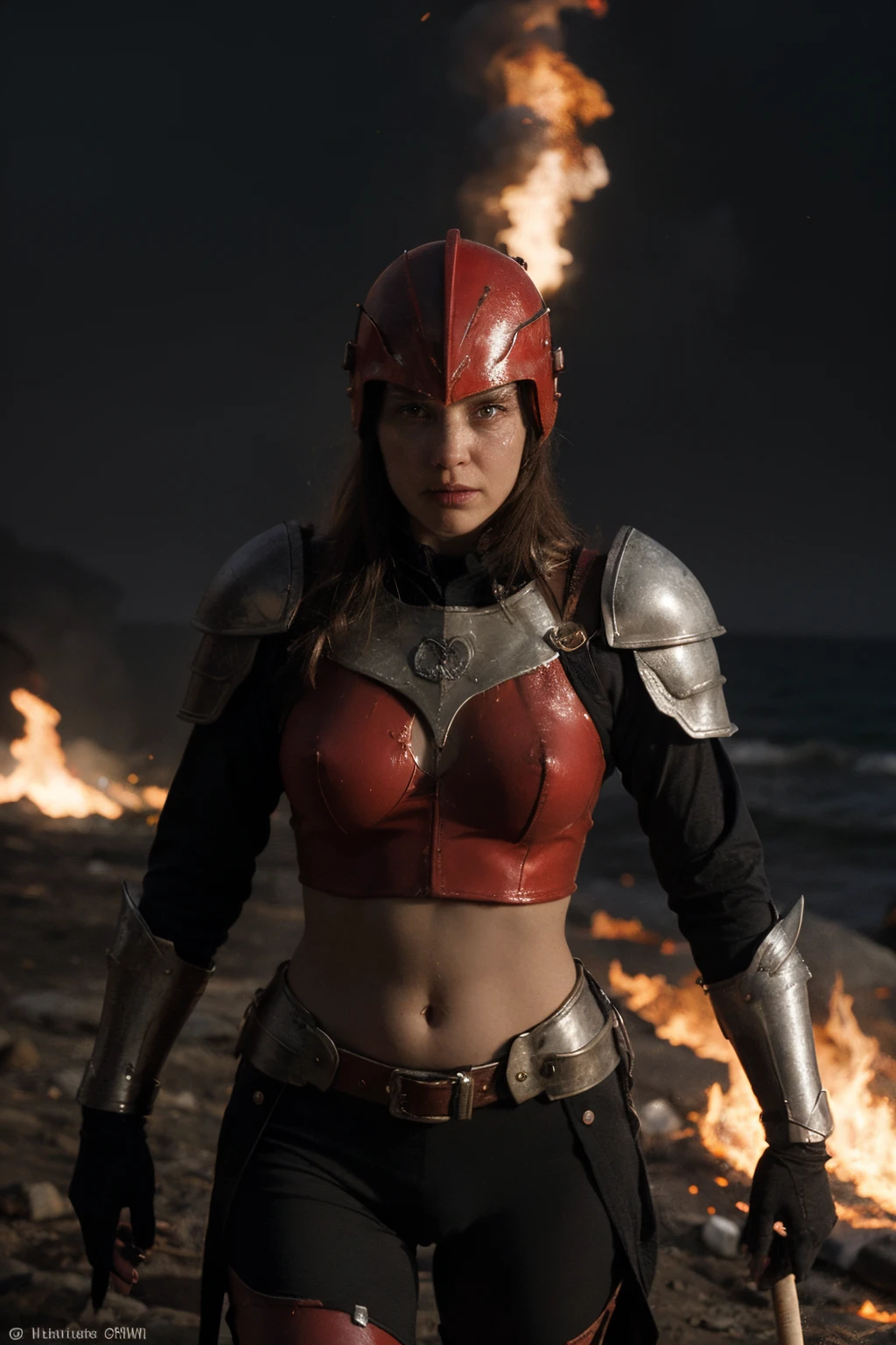 comic strip,a old man,The background a sea of fire,The eyes glow red,Wearing armor,wearing her helmet,With a spear in his hand,Hideous-looking