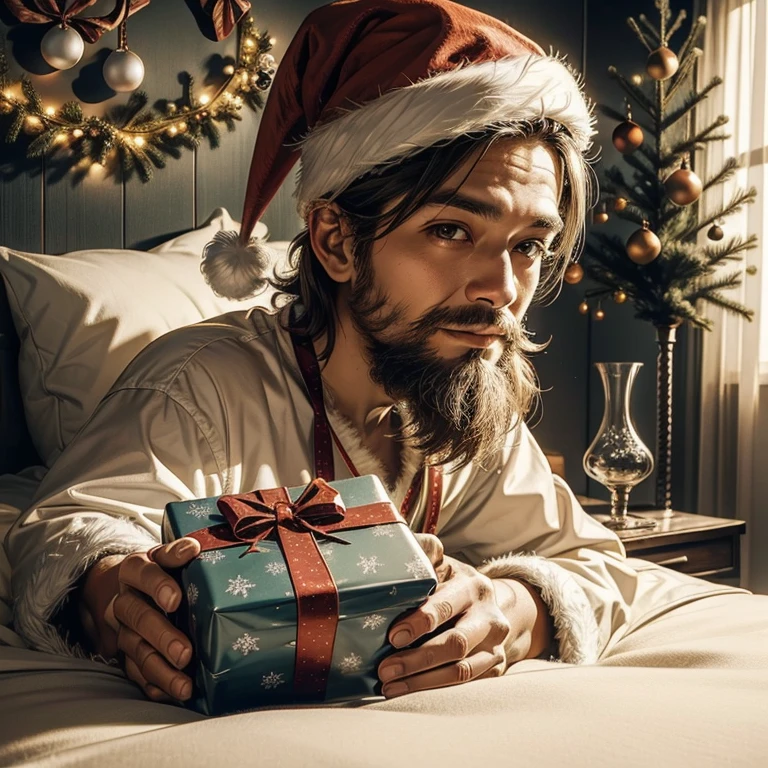 I just woke up in bed、in a house、((Christmas present on the bedside))、((man 1))、((notice and take it)),Christmas、santa claus、high-level image quality