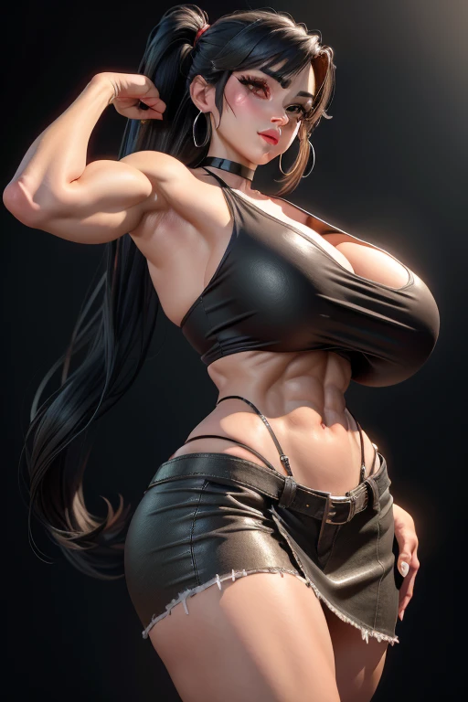 masterpiece, best quality,3d rending work ,3DMM style,close-up, 3D,1girl, solo, black hair, teardropshaped earrings, looking to the side, realistic, upper body,  background, bangs, looking away, long straight black hair, parted lips, choker, makeup, mole, (white tank top:1.3), red eyes, tifa lockhart, (:1.5) enormous droopy , macromastia, cleavage, exposed stomach, toned abs, toned arms, black miniskirt