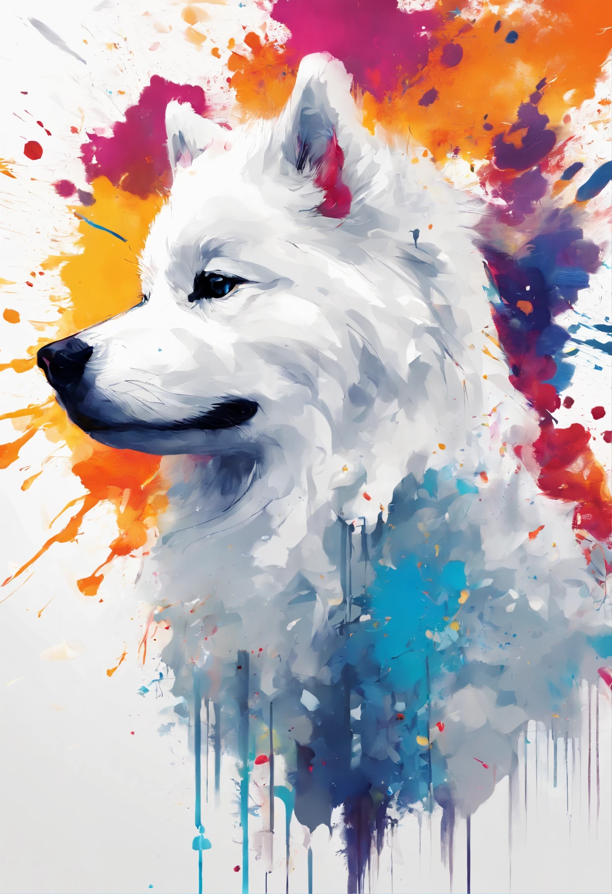 Splash ink art, samoyed dog, ((white backgrounid)), Sharp eyes, Epic Instagram, art stations, Color paint splatter style, contours, Super detailed complex detailed , illusory engine, dream-like, intricately details, splash image, complementary colours, fantasy concept art, 8K分辨率, A masterpiece by Deviant, oil painted, whack, paint drops, Splash ink painting