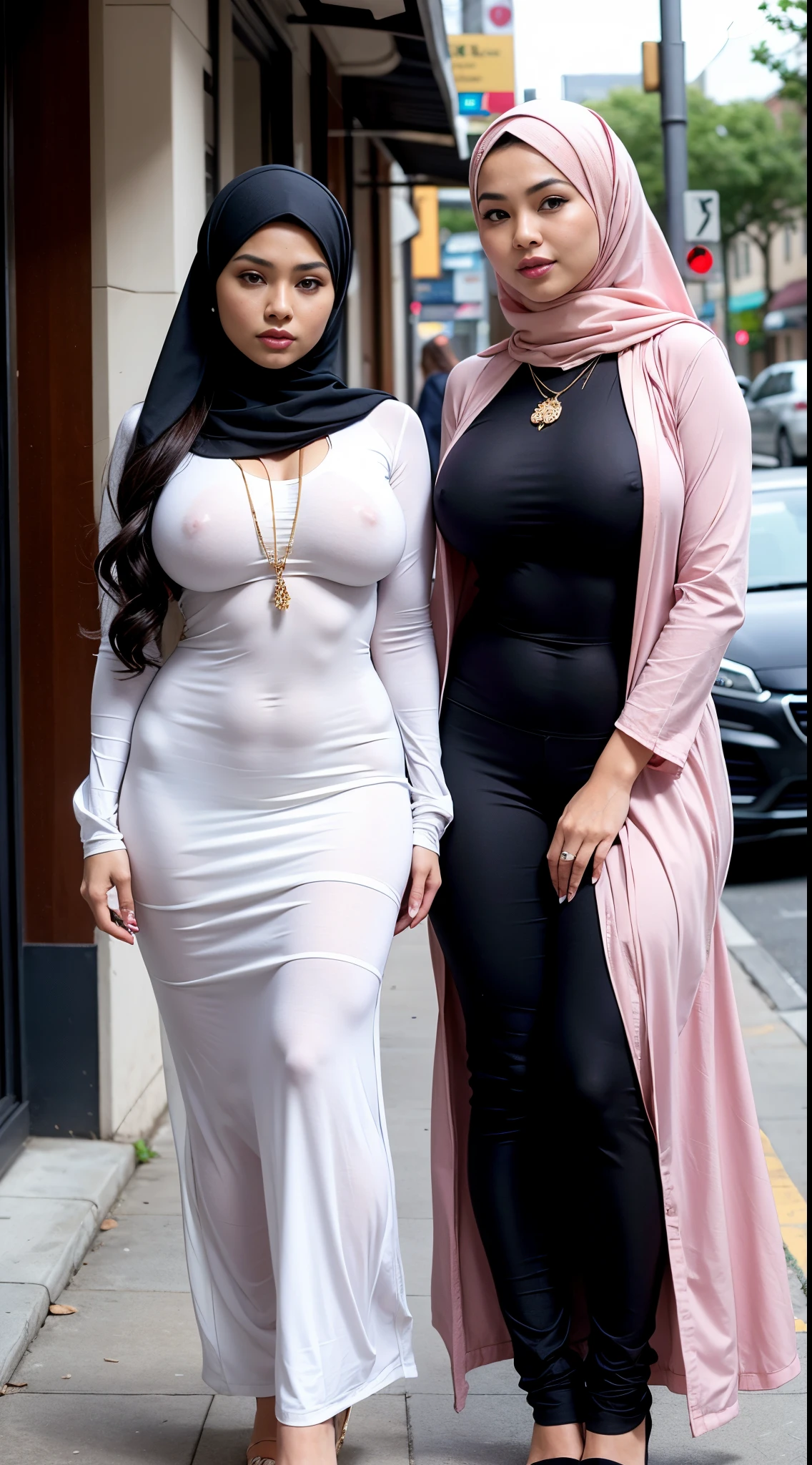 RAW, Best quality, high resolution, masterpiece: 1.3), two beautiful Malay women wearing hijap:0.8),((big breasts)), perfect nose,perfect body, perfect lips, perfect eyes, detail :1.2), beautiful face, face details, fullbody , two women wearing hijabs are standing on the sidewalk, wearing long baju kurung, black leggings, full body women, beautiful girls, two girls, beautiful women