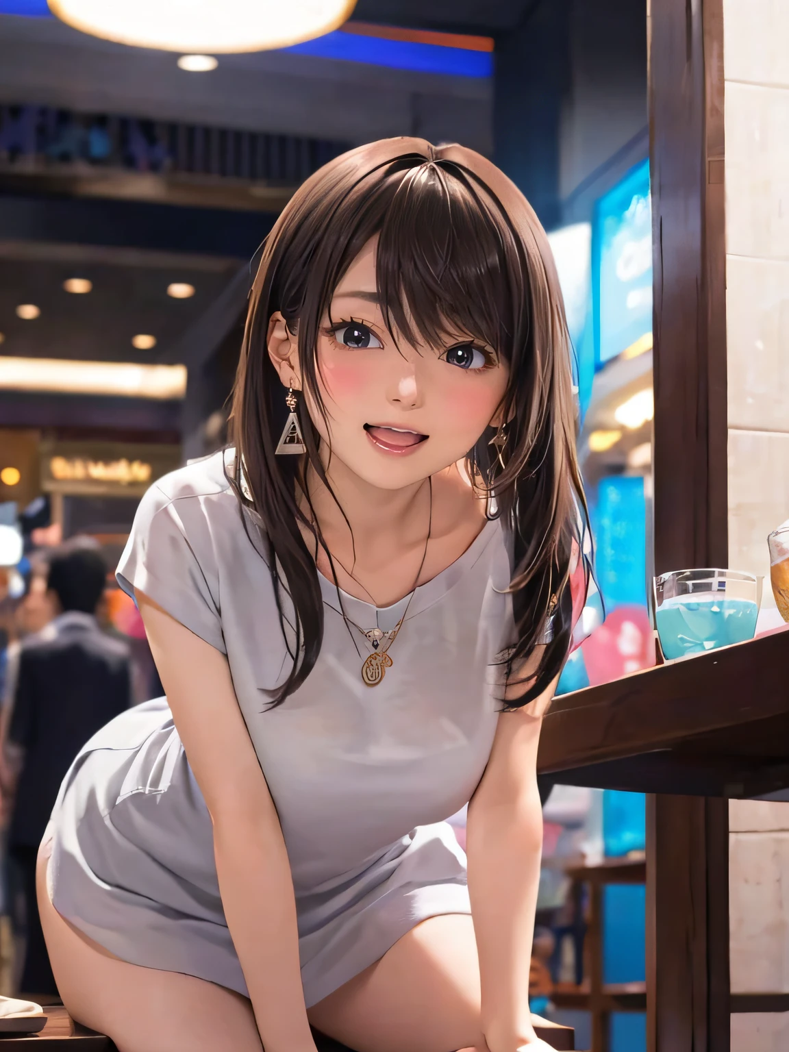 a women, ((blush)), ecstasy face, clerk, earrings, necklace, black tights, climbing and straddling to hit her (wet cute panties) on the corner of the table, open legs, raise leg, open mouth, ((masturbation)), large mall, ceiling, place where many people, (anime background), swelling of the nipples, down jacket, fluffy, pubic hair is visible