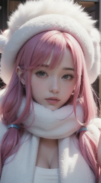 () ,girl、(brown mickey ears headband)。(Random Nudes),Exhibitionism,((Random exposure of genitals))。 Beautiful areola。Small breasts. Thin Hair。(On a snow-covered mountain). Detailed and complex background。((Bright pink hair))。(Round face). ((Twin tail hair)). Heavy bangs. Idol's face. Random Pause