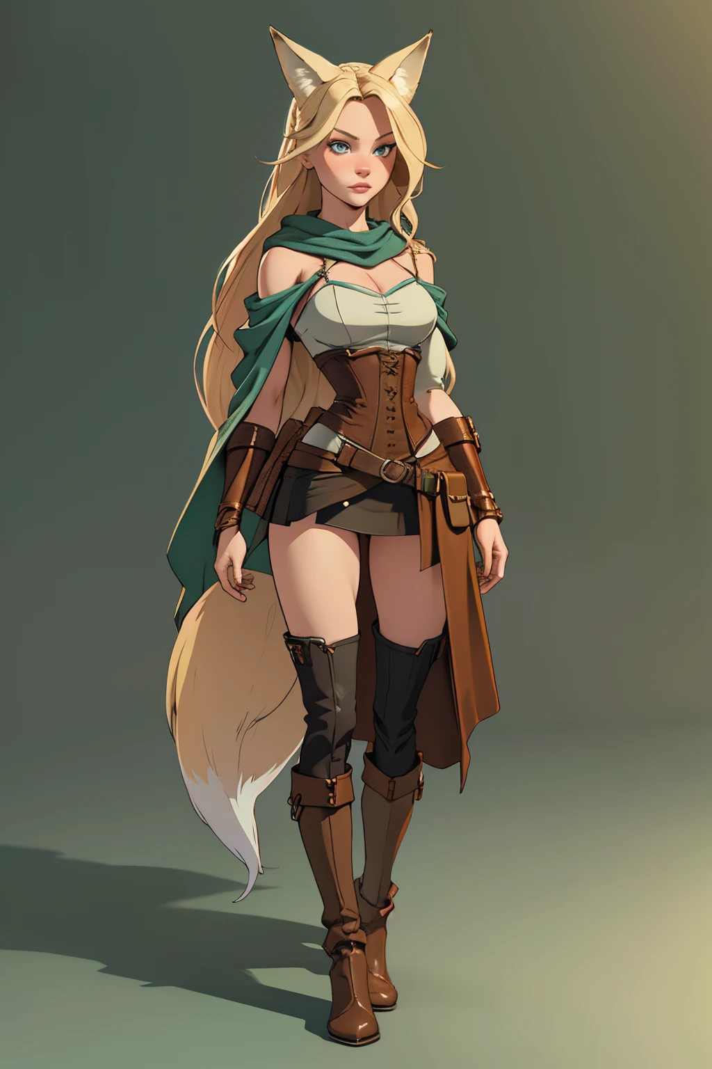 Beautiful 1girl, full body, teenager, solo, (very long waist length blonde hair, straight blonde hair: 1.28), ((light blue eyes)), clear skin, (large darker fox ears: 1.35), pale skin, medium breasts, cleavage, (thin hips, thin waist , athletic body: 1.25), background, looking away, (revealing clothes, brown leather, cowl, cloak, corset, skirt, long boots, buckles, straps, pouches, green fabric, brown leather: 1.1), walking in the sand, masterpiece, best quality,3d rending work ,3DMM style, close-up, portrait, 3D,