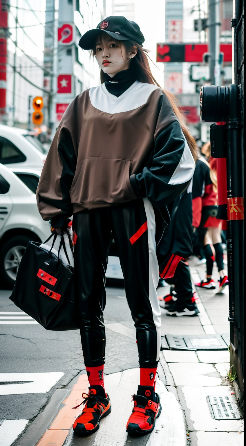 there a woman with long hair walking down the street, japanese streetwear, woman in streetwear, she wearing streetwear, cyberpunk streetwear, wearing cyberpunk streetwear, street fashion clothing, streetwear fashion, wearing japanese techwear, japanese city street fashion, tokyo fashion, street clothing, japanese street fashion, female streetwear blogger, street clothes, harajuku street fashion, street photography style