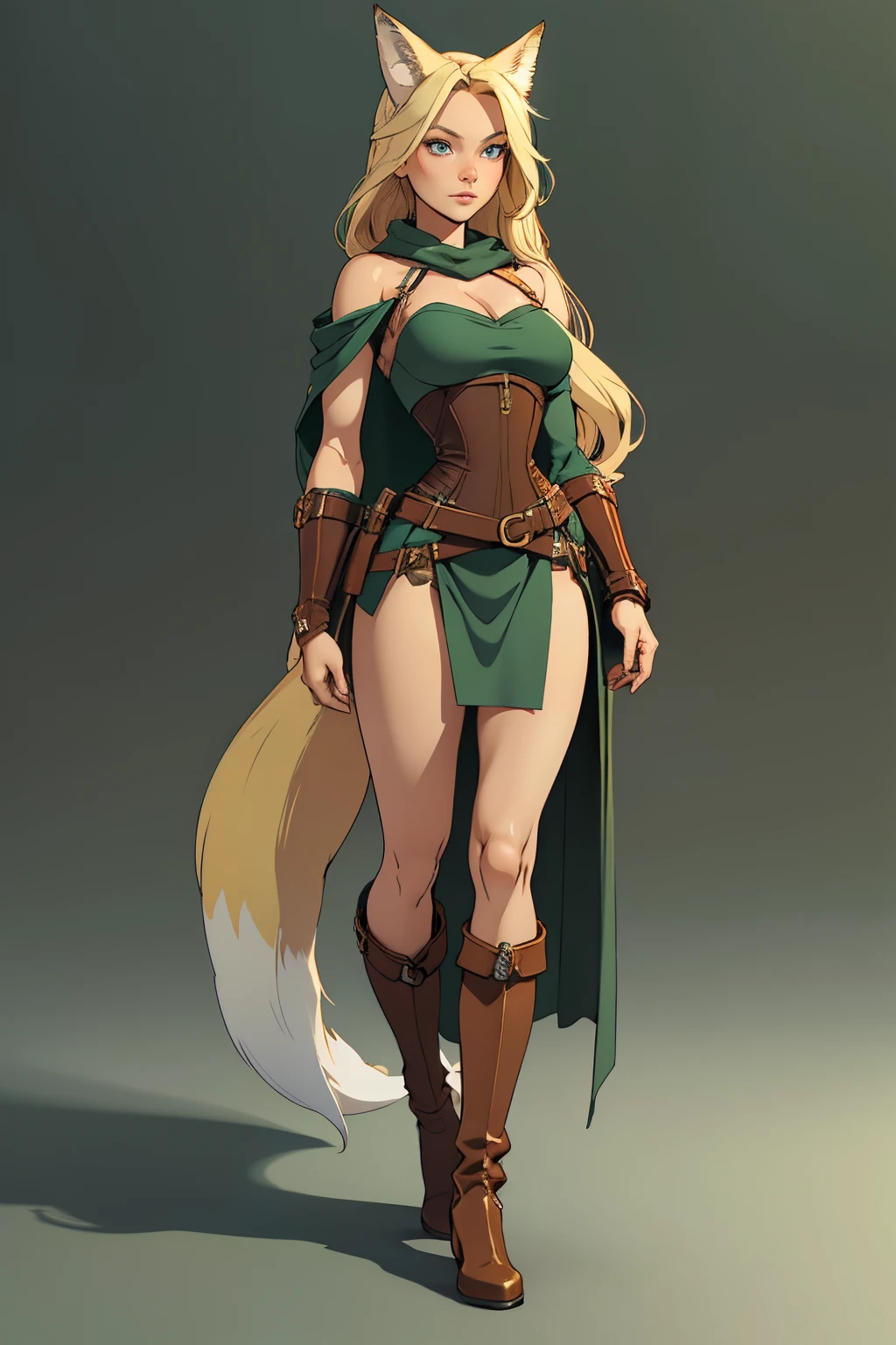Beautiful 1girl, full body, teenager, solo, (very long waist length blonde hair, straight blonde hair: 1.28), ((light blue eyes)), clear skin, (large darker fox ears: 1.35), pale skin, medium breasts, cleavage, (thin hips, thin waist , athletic body: 1.25),  background, looking away, (revealing clothes, brown leather, cowl, cloak, corset, skirt, long boots, buckles, straps, pouches, green fabric, brown leather: 1.1), walking in the sand, masterpiece, best quality,3d rending work ,3DMM style, close-up, portrait, 3D,