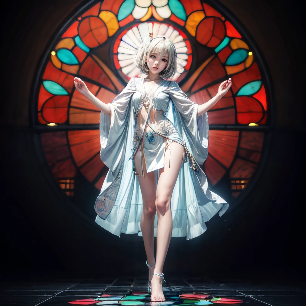 ( Masterpiece, White and vivid colors, (Exposed:1.2), (nipple:-0.9)), (((Renbutsu Misako|Misako Renbustu))), ((face variations)), { Navel | pretty Ass }, portrayed in the best quality and high resolution. The image should be ultra-detailed, realistic, and photorealistic with a touch of rawness. concept art. The color tone should be vibrant and vivid, enhancing the overall visual impact. (Whole Body proportions and all limbs are anatomically accurate), (Vivid Colorful light shines through the delicate stained glass). delicate limbs, Detail of sparkling oiled ivory skin, (short Bob, delicate wear) . (((no extra arms)))