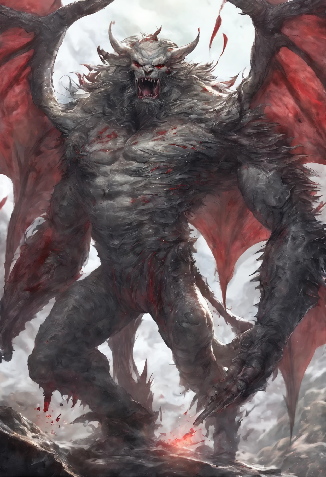 a large werewolf monster with black fur and red eyes stands by the fire, looks at the viewer, Starlight Night, horror, (low angle shot:1.2), fully nude body, muscular, realistic lighting, high quality, Very detailed, photorealistic fur, Super detailed, high detail, fluffy balls, big penis, obscene, smiling, beard, cumming everywhere, excessive sperm, sperm dropper, creampie, cum on balls, on the penis