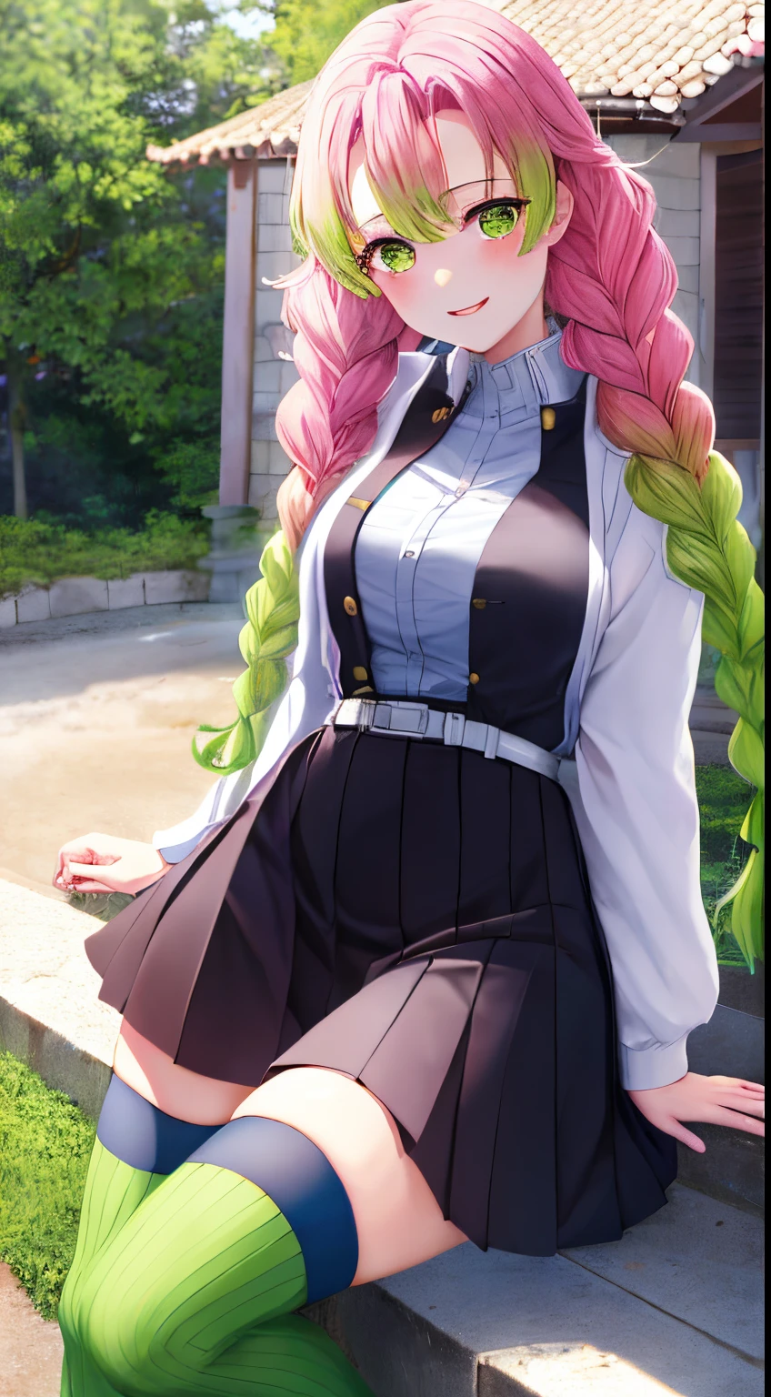 masuter piece, Best Quality, 超A high resolution, top-quality, Anime style, The best lighting, Beautiful face, ​masterpiece, 8K, high-level image quality, High pixel count, 1人の女性, 1girl in,独奏, Pink and green gradient hair, yellow  eyes, huge smile, full body Esbian, (Face-centric:1.1), facing front, Wearing a uniform, village background, countryside village, Upper body, (White haori:1.2), Small breasts, Green Knee Socks, Black pleated skirt