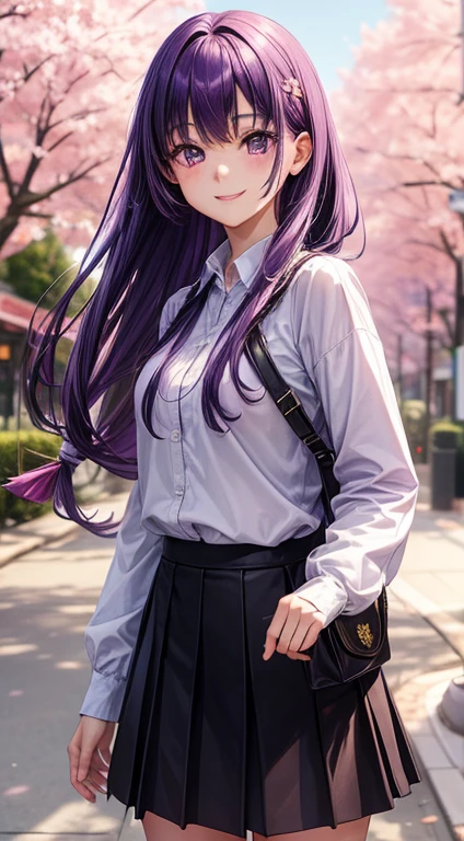 1girl, (long purple hair, straight bangs), purple eyes, smiling, looking at viewer, collarless long sleeve shirt, skirt, sidewalk, cherry blossom trees, city, masterpiece, 8K, perfect lighting, perfect clothes, perfect ???????, perfect eyes, perfect face, sharp resolution, low-angle shot