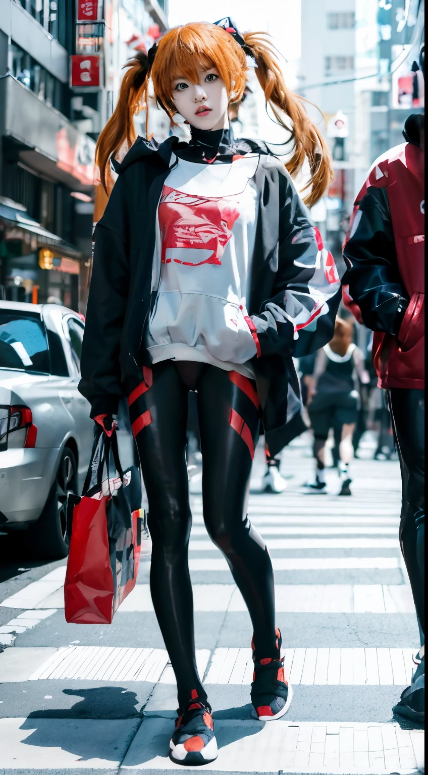 anime girl in black and white outfit walking down the street, woman in streetwear, she  wearing streetwear, wearing japanese techwear, japanese streetwear, wearing cyberpunk streetwear, harajuku street fashion, tights; on the street, japanese city street fashion, tokyo fashion, japanese street fashion, street fashion clothing, wearing futuristic clothing, harajuku fashion