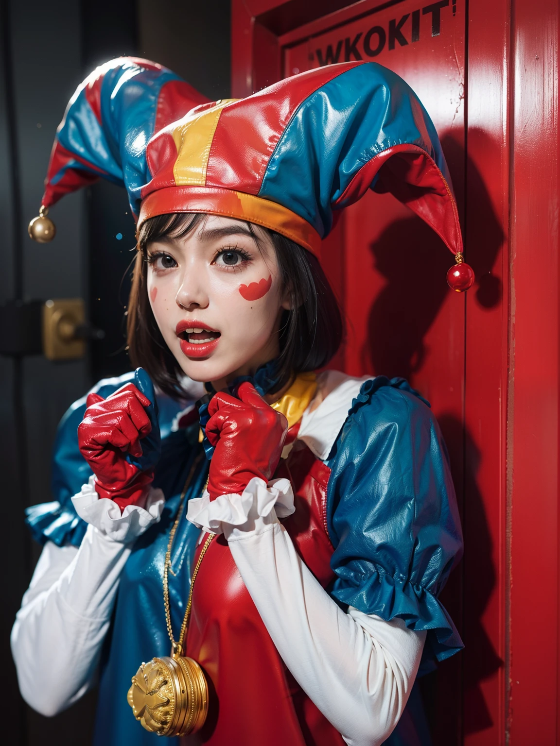 Clown girl with cute, glossy costume in red, blue, yellow, and white. she standing near red door, red door, Her outfit shines under the spotlight, reflecting a playful and vibrant atmosphere. Her hair  impeccably styled, with a glossy finish that adds to her charm.
 Her facial expression radiates fear. Her eyes, delicate and detailed, sparkle with excitement. Her lips, beautifully shaped, add a touch of sweetness to her overall appearance.

The image  of the highest quality, ensuring every detail  showcased perfectly. It  in 4k resolution, allowing viewers to immerse themselves in the richness of the colors and intricate details. The realistic rendering brings the clown girl to life,  her feel tangible and present in the artwork.

The background  dark, creating a contrasting backdrop that accentuates the girl's vibrant presence. The subtle rim light highlights the contours of her figure, adding depth and dimension to the composition.

This artwork combines the elements of a clown girl, glossy costume, beautiful hair, red door, high-resolution image, realistic rendering, dark background, and rim light. The result  a visually captivating piece that captures the essence of joy and whimsy, inviting viewers into a world of enchantment and laughter.