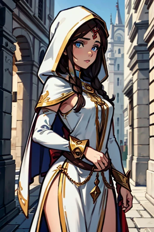 A full-length photo of Princess Zelda, chestnut hair, blue colored eyes, dressed as an Assassin from Assassins Creed, blank+gold with white mask and hood with gold details, XL Bust, using a wrist blade. fund: A city during the Renaissance period. unreal motor 5, アニメ, anime styling, work of art, well drawn eyes, nicely designed face, pretty detailed eyes, well-detailed face, 8k, Light and Shadow Effect.  