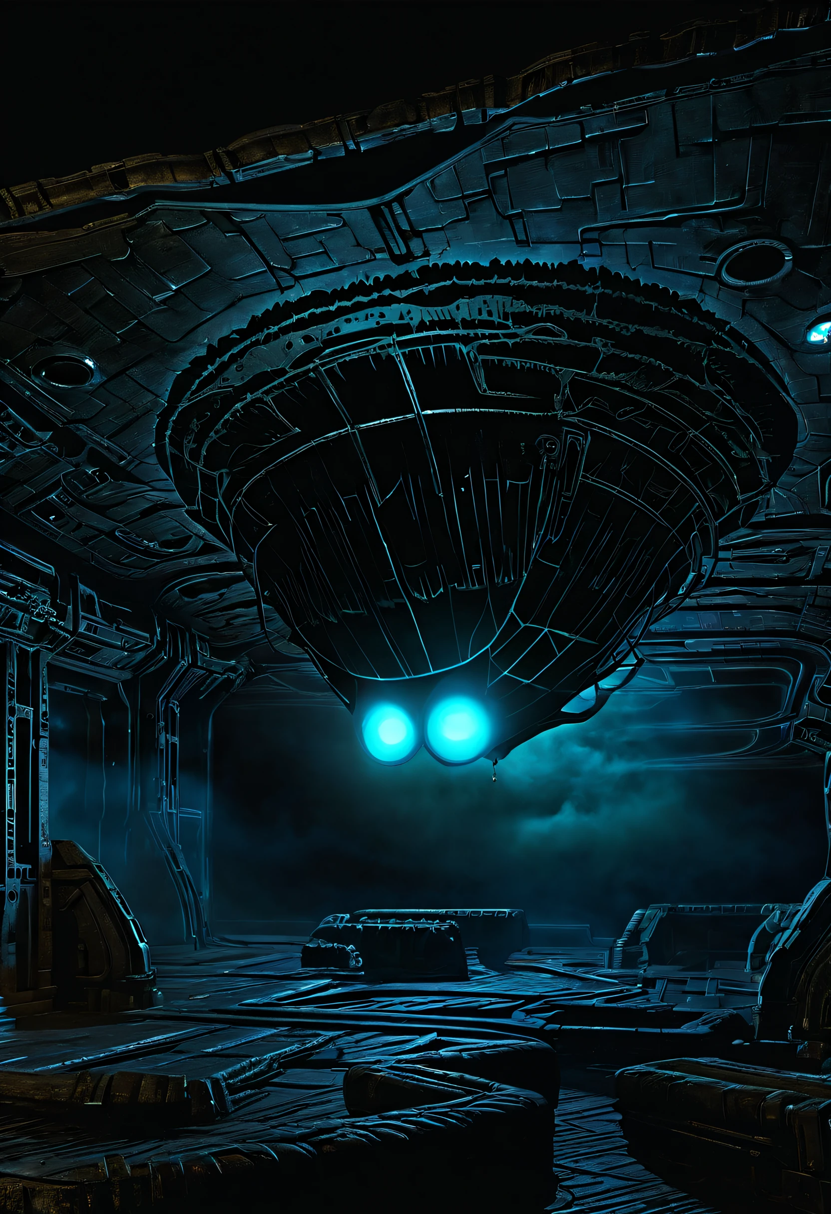 01_Black light, the interior of an epic alien ship, the atmosphere of the movie “Alien”. Bionic forms cover the walls in bas-relief, black artificial material, stone-plastic, and bionics. Sanded, polished, smooth, bas-relief, bionics, cyber-punk. Elements of alien bodies, and the anatomy of alien creatures, adorn the relic bas-reliefs of an alien ship. Black light penetrates forms from the inside. The whole picture embodies the black theme, black glow, antimatter, space - as a symbol of black infinity. 02_Highest quality. Masterpiece. Cinematic image. 3D visualization. Scene recreated by Unreal Engine. The highest quality, details, textures, materials, and, clear shapes (smooth synthetic material, artificial stone, plastic, metal). Black glow from the depths of forms, an alien ship, an alien civilization, alien worlds. Frontal view from the camera, perspective, with watery ceilings, a deep grotto, membrane floor, and fantastic bas-reliefs on the walls (bionics, anatomy, entomological life forms depicted on bizarre bas-reliefs). Black glow is the basis of the whole picture. 03_ Interior lighting, deep shadows, illuminated black bas-relief, bionic geometry, and secret symbolism decorate the walls. High vaulted walls, an alien ship - a highly developed civilization. Warm bright - contrasting light, light cold shadows, clear image of details, texture, decor (high image quality), (Clear high-quality render), (unreal engine), SD quality, 8K. Lucas Arts, cyberpunk, S.R. Giger "Alien".