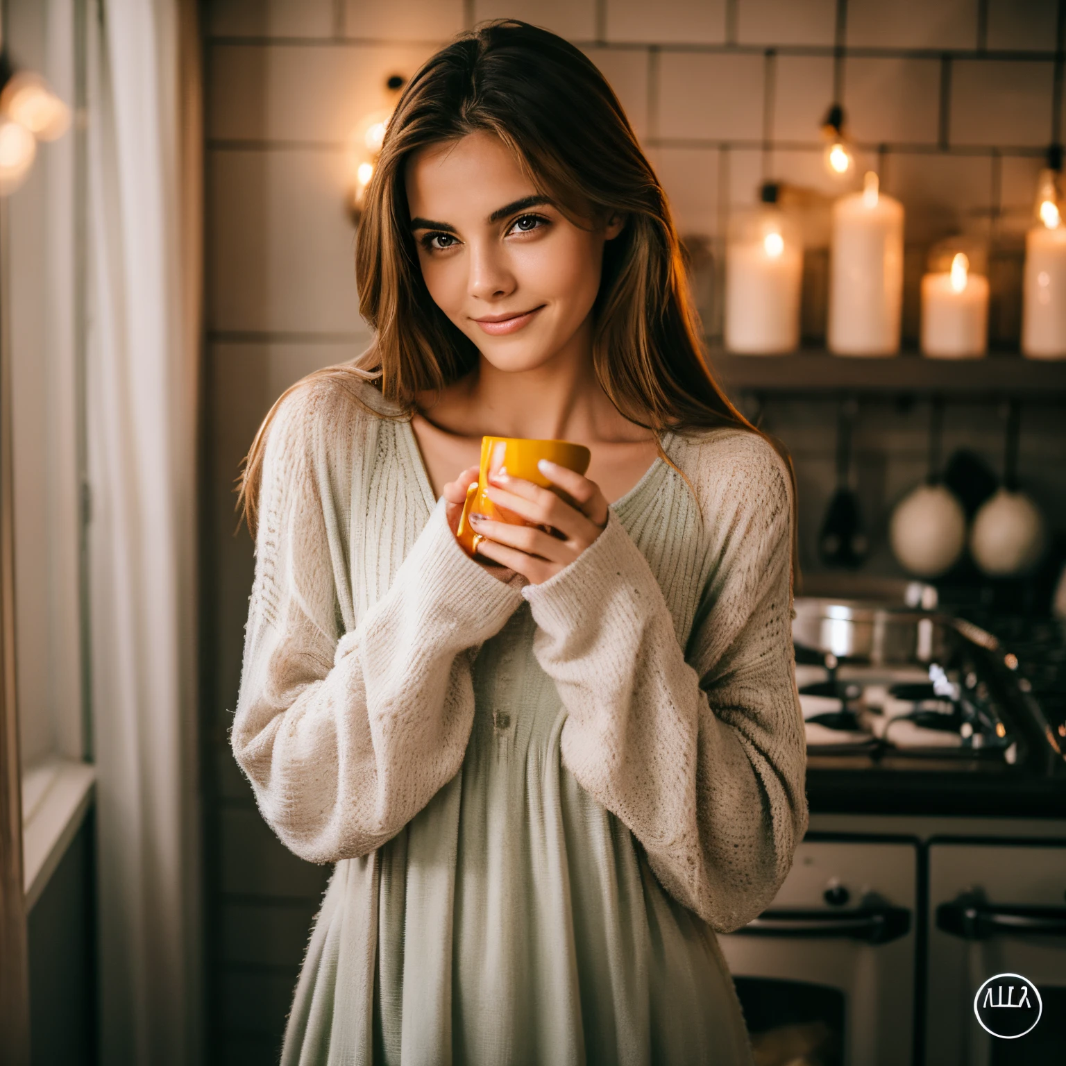 Mujer rubia, hermosa, joven, cara angelical, sonrrisa, en pijamas, en la cocina, de noche, luces tenues.