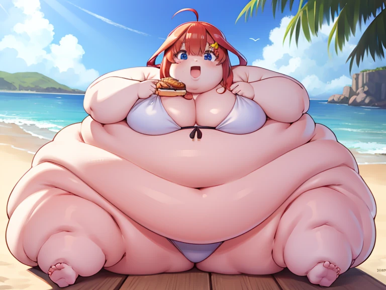 obese itsukinakano, very obese itsuki nakano, bangs, blue eyes, hair between eyes, ahoge, red hair, star \(symbol\), hair ornament, star hair ornament, obese body, fat belly, fat arms, big cheeks, cute face, big butt, thick thighs, eating a lot food, open mouth, happy, slob
BREAK white bikini, white color
BREAK beach, outdoors,open air, much food
BREAK (masterpiece:1.2), best quality, high resolution, unity 8k wallpaper, (illustration:0.8), (beautiful detailed eyes:1.6), extremely detailed face, perfect lighting, extremely detailed CG, (perfect hands, perfect anatomy),