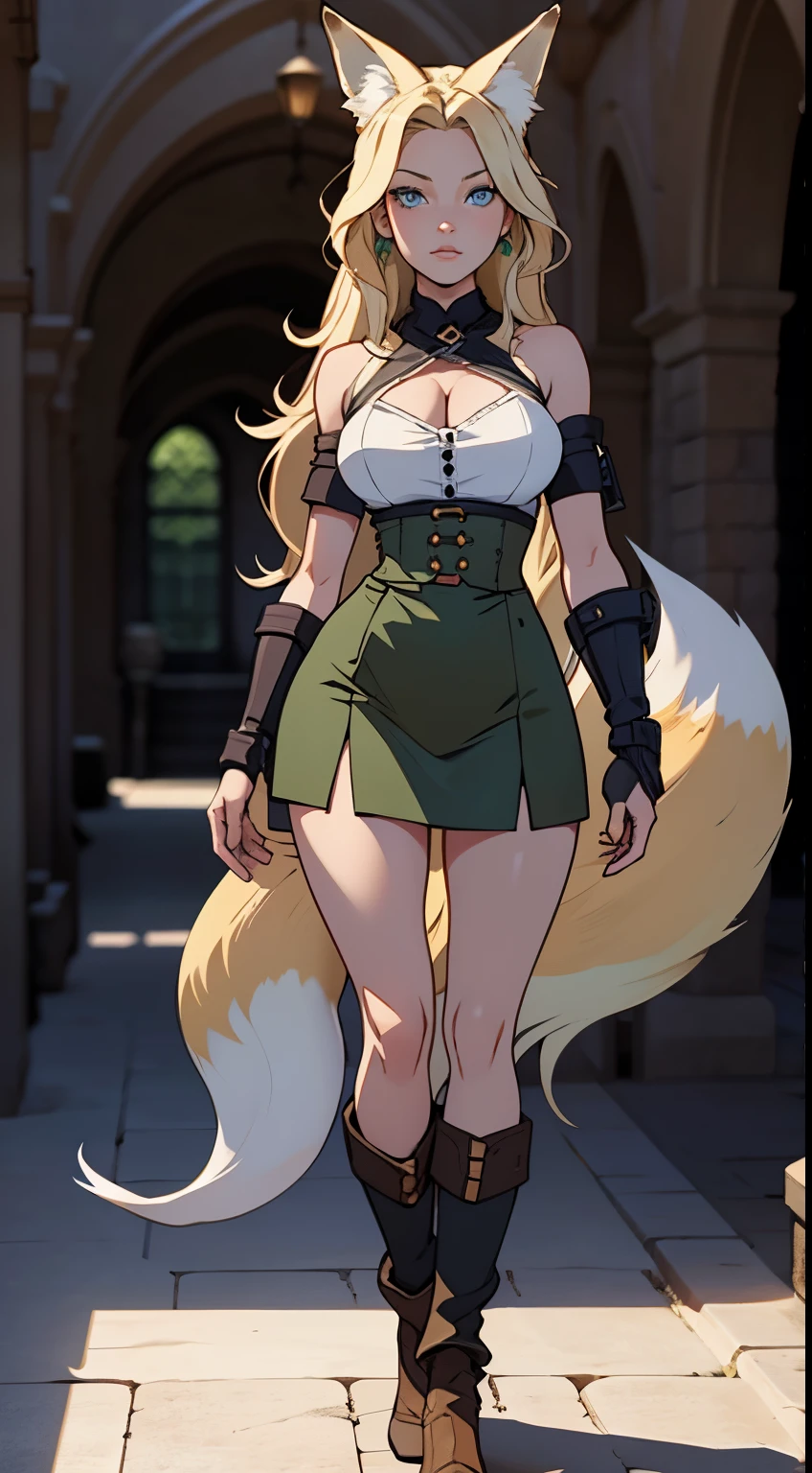Beautiful 1girl, full body, teenager, solo, (very long waist length blonde hair, straight blonde hair: 1.28), ((light blue eyes)), clear skin, (large darker fox ears: 1.35), pale skin, medium breasts, cleavage, (thin hips, thin waist , athletic body: 1.25), background, looking away, (wearing cropped cloth tunic green, leather skirt, van braces, boots with shin guards: 1.1), walking through a courtyard, masterpiece, best quality,3d rending work ,3DMM style, close-up, portrait, 3D,